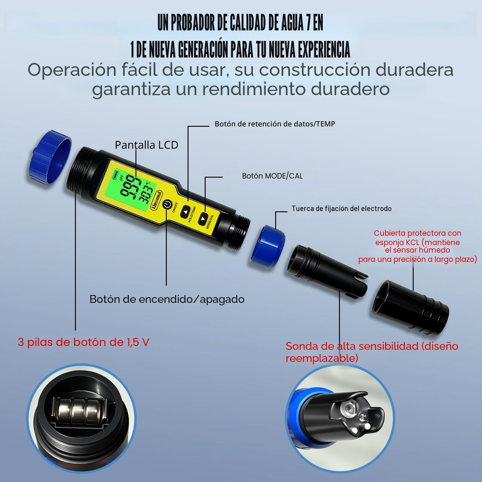 Medidor Cloro y pH Piscinas 7 EN 1, Tester pH Cloro(FAC) TDS EC SALT ORP y Temperatura con ATC, Analizador Agua 0,01 pH Alta Precisión para agua potable, acuarios, hidroponía, piscina y spa