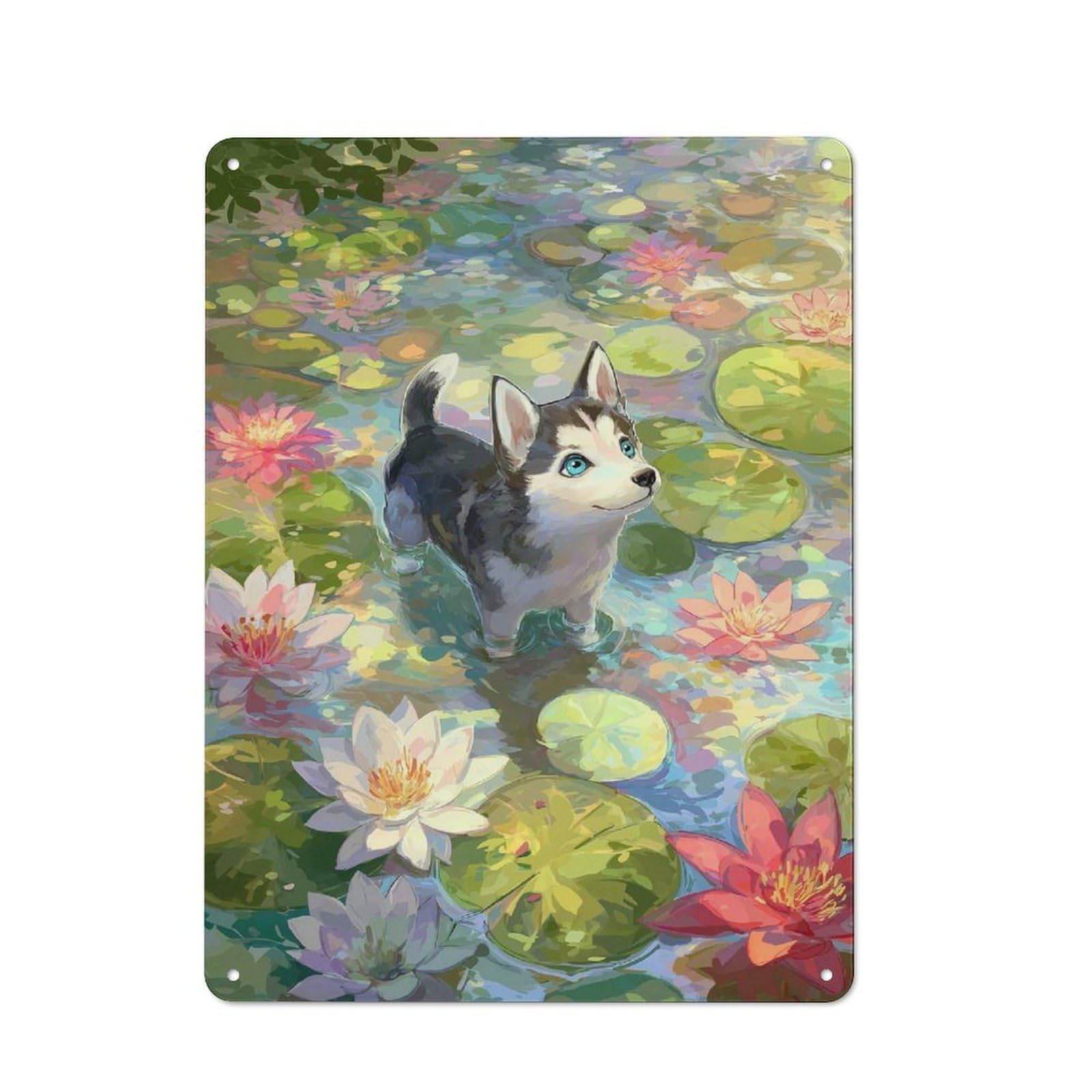 Junmoney Husky Puppy In Lily Pond Painting Retro Metal Wall Sign 40X30cm Featuring For Hallway Wall, For Garage, Workshop And Man Cave Decoration