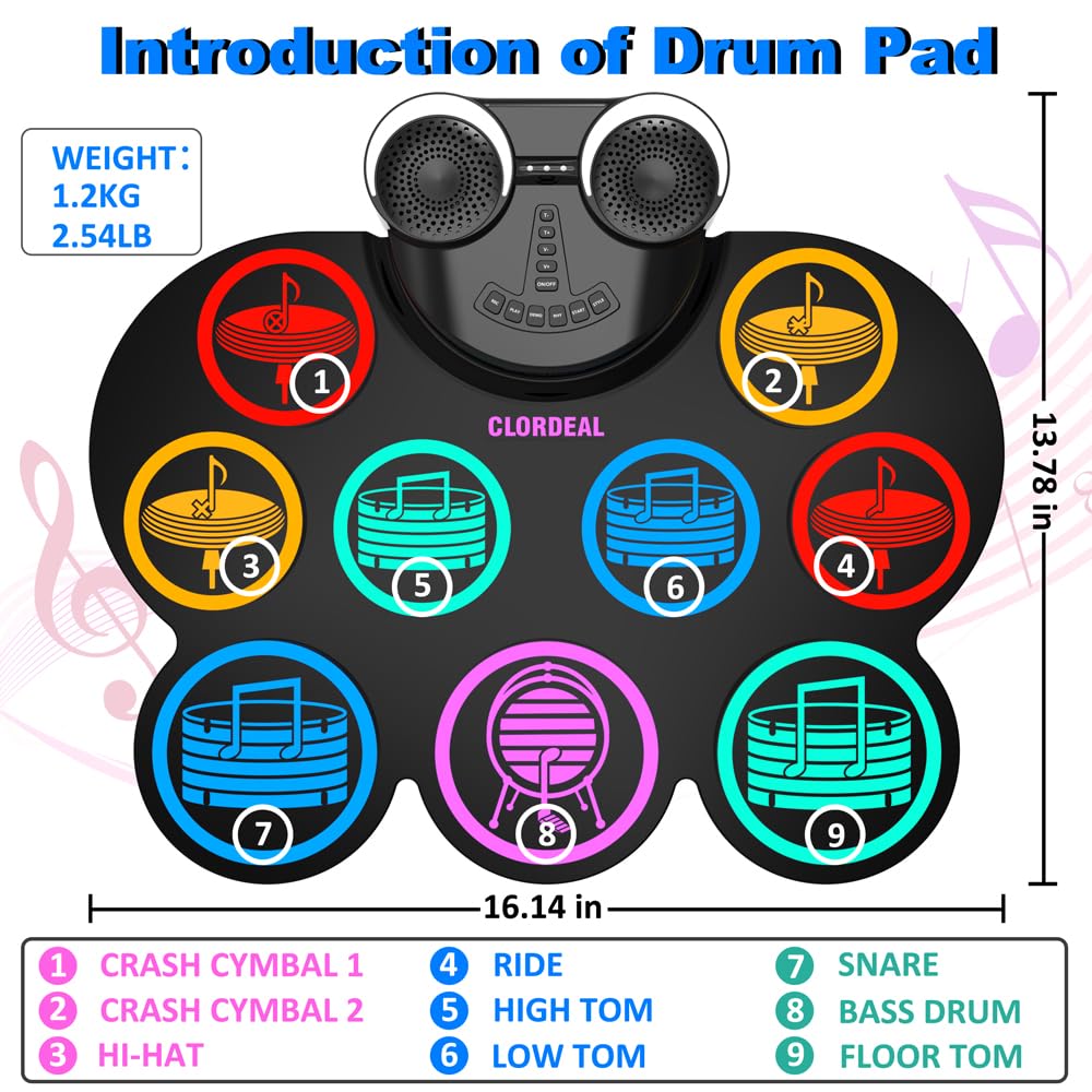 Schlagzeug Elektronisch, 9-Pad Digitales E Drum Set mit Lautsprechern/Kopfhöreranschluss, Tragbares Elektro Schlagzeug Kinder mit Bluetooth MIDI für Anfänger, 10 Stunden Laufzeit