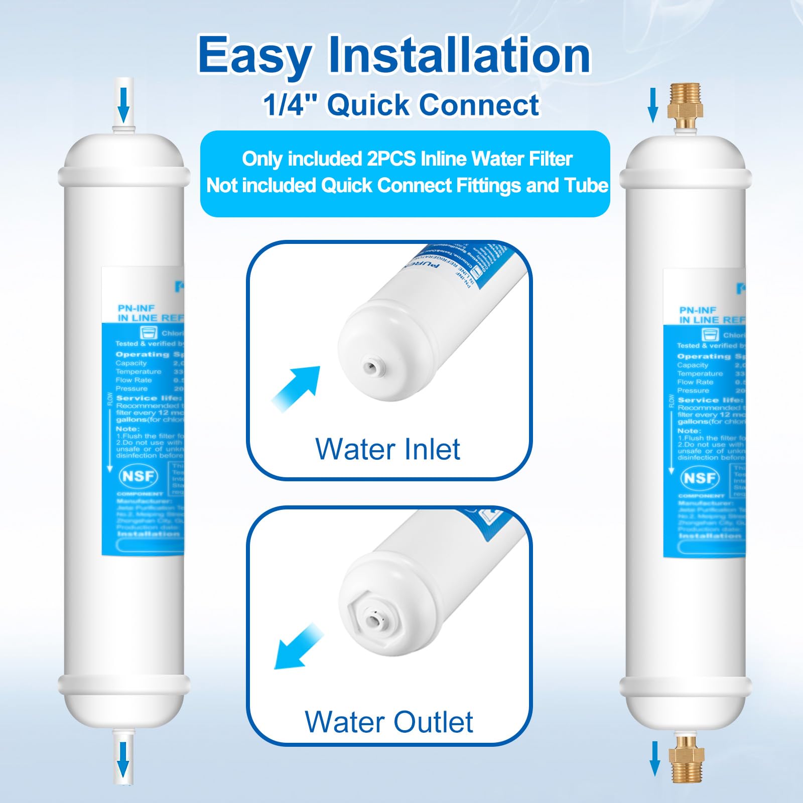 PURENAT Buzdolabı ve Buz Makinesi için Inline Su Filtresi (2 Paket), 1/4 "Push Connect Post Karbon Filtre Değiştirme Ters Osmoz Su Sistemi için