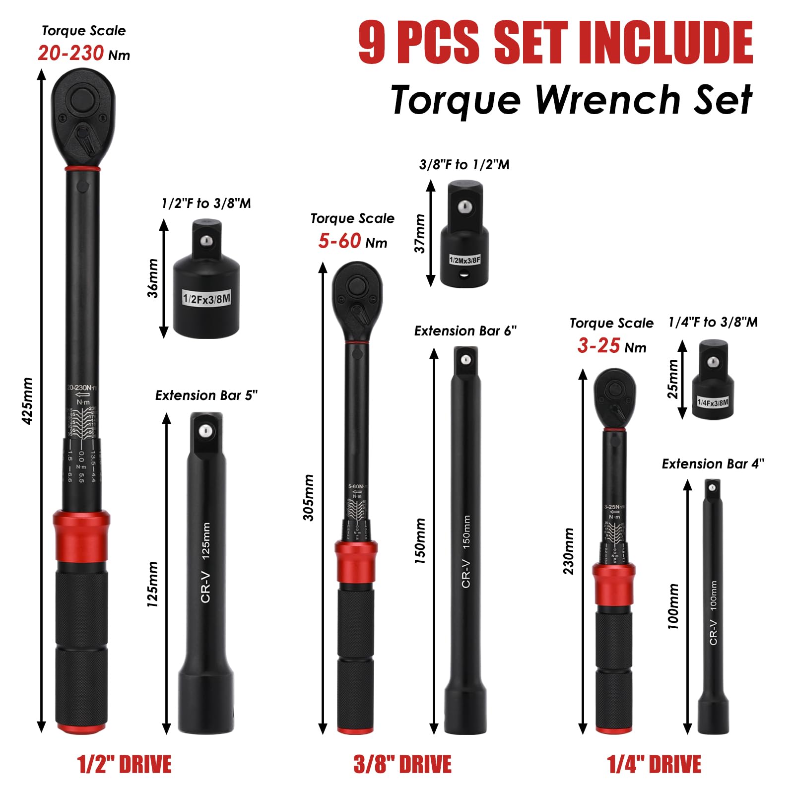 MIXPOWER 9 PCS Torque Wrench Set, 1/4" Dr. 3-25 Nm, 3/8" Dr. 5-60 Nm, 1/2" Dr. 20-230 Nm, with Adapter and Extension Bar, CR-V - Image 3