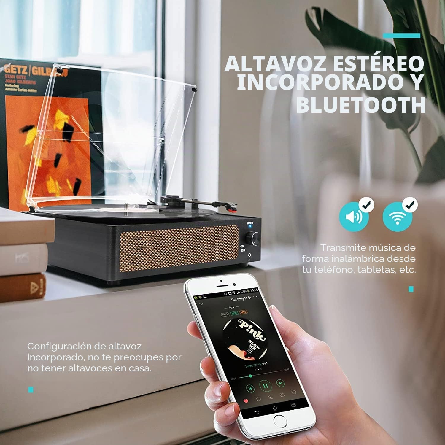 Reproductor de discos de vinilo con altavoz clásico para discos de vinilo, tocadiscos accionados por correa, soporte de 3 velocidades, reproducción inalámbrica, auriculares, retro, negro