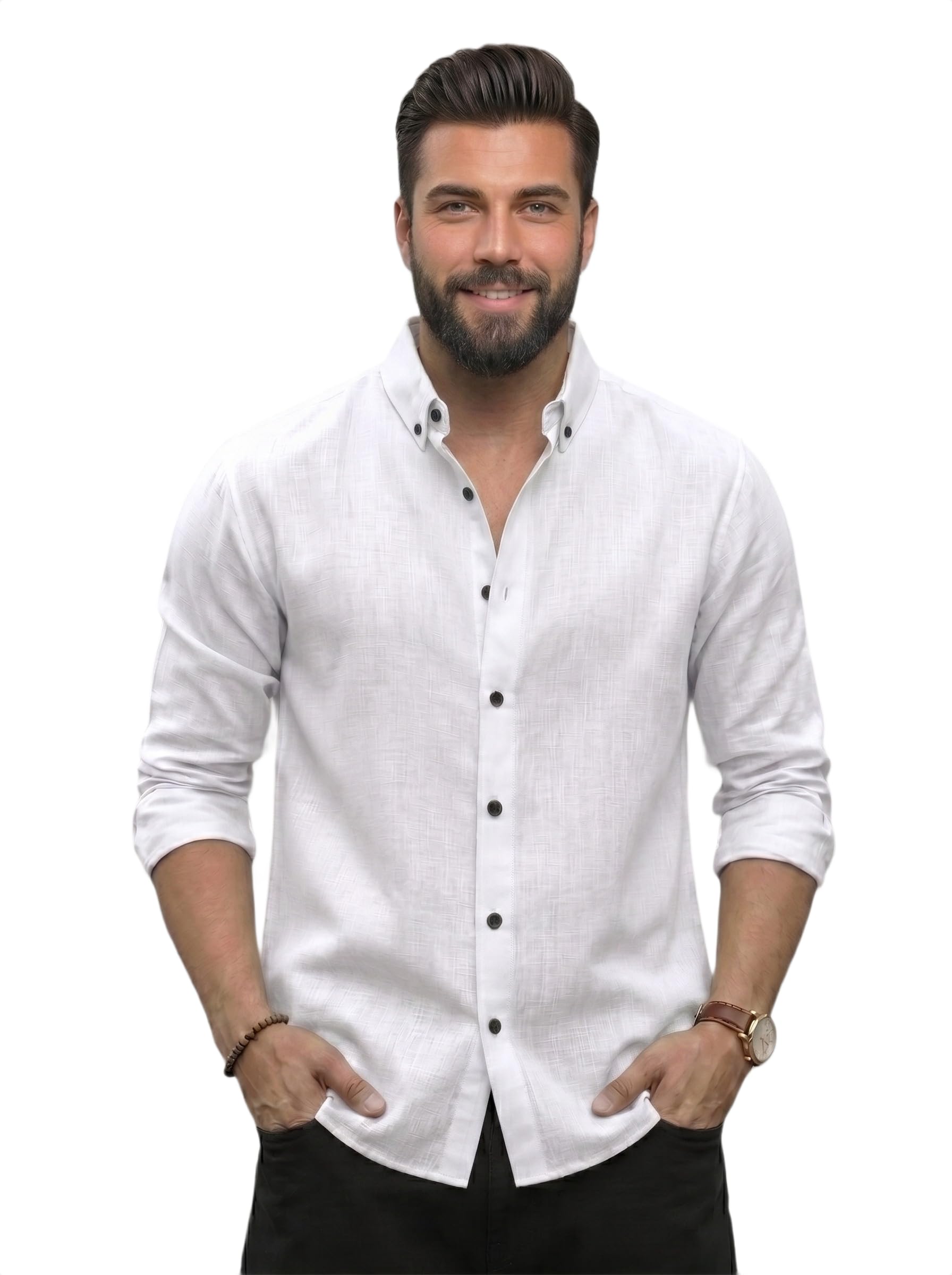 NexaFlair Men Linen Cotton Solid Shirt | Casual | Plain | Full Sleeve | Summer-Regular Fit| Stylish Shirt | Everyday Formal Wear (Alpha, L, Regular, White)