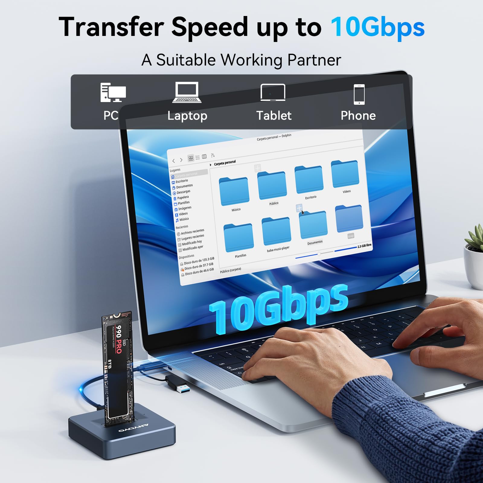 Boîtier NVMe PCIe M.2 SSD Box, Boîtier de Disque Dur SSD NVME/NGFF Hautes Performances USB 3.1, SSD M.2 M-Key avec Adaptateur USB-C et Câble USB 3.1
