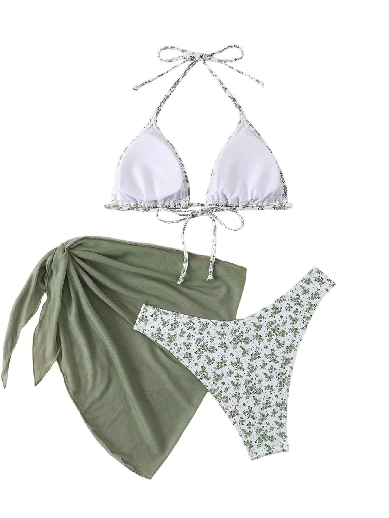 GORGLITTER Conjunto de bikini para mujer de 3 piezas con estampado floral, con cuello halter y falda cubierta