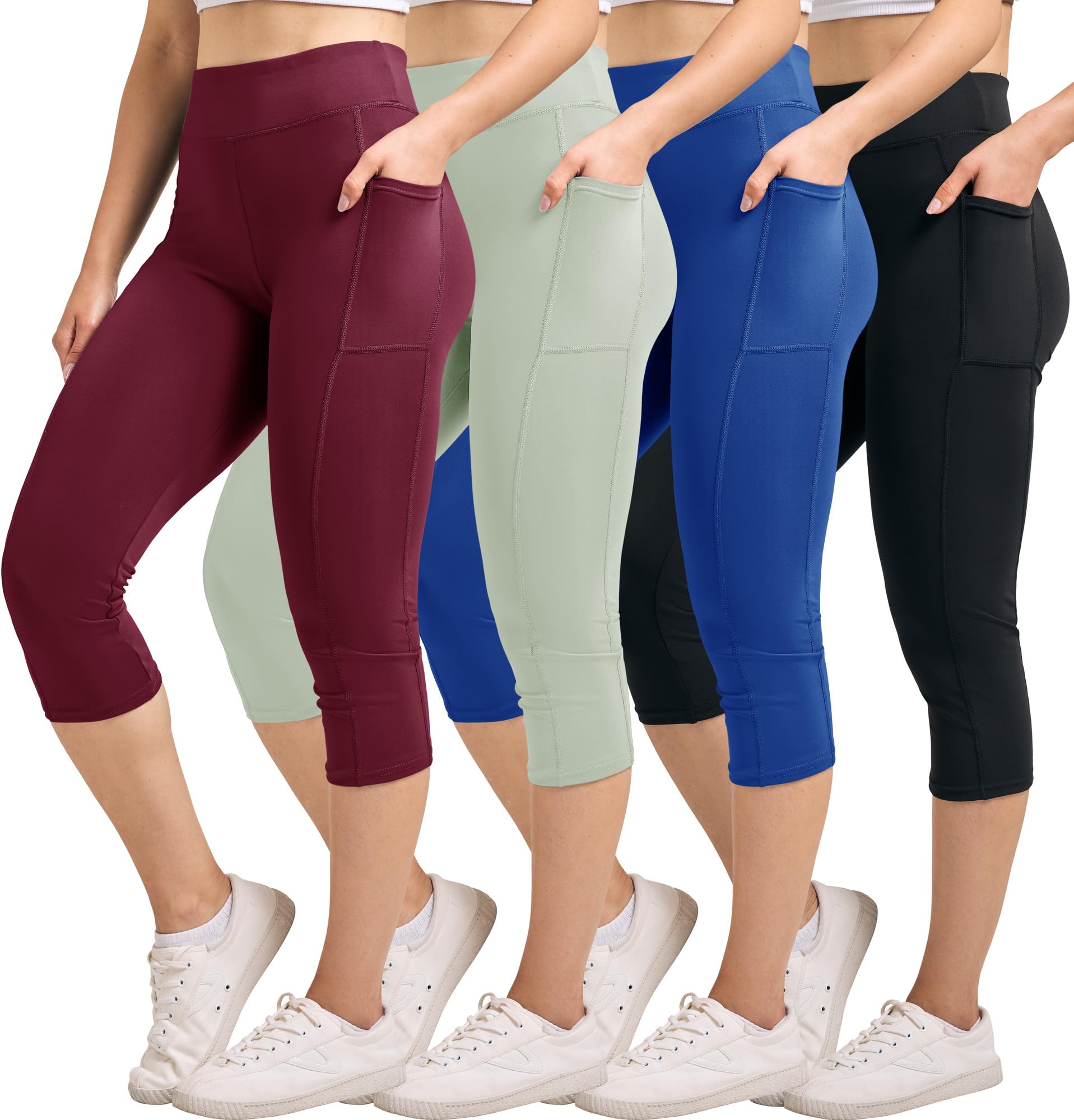 Real Essentials 4 Pack: Women's Capri Leggings with Pockets Casual Yoga Workout Exercise Pants (Available in Plus Size)