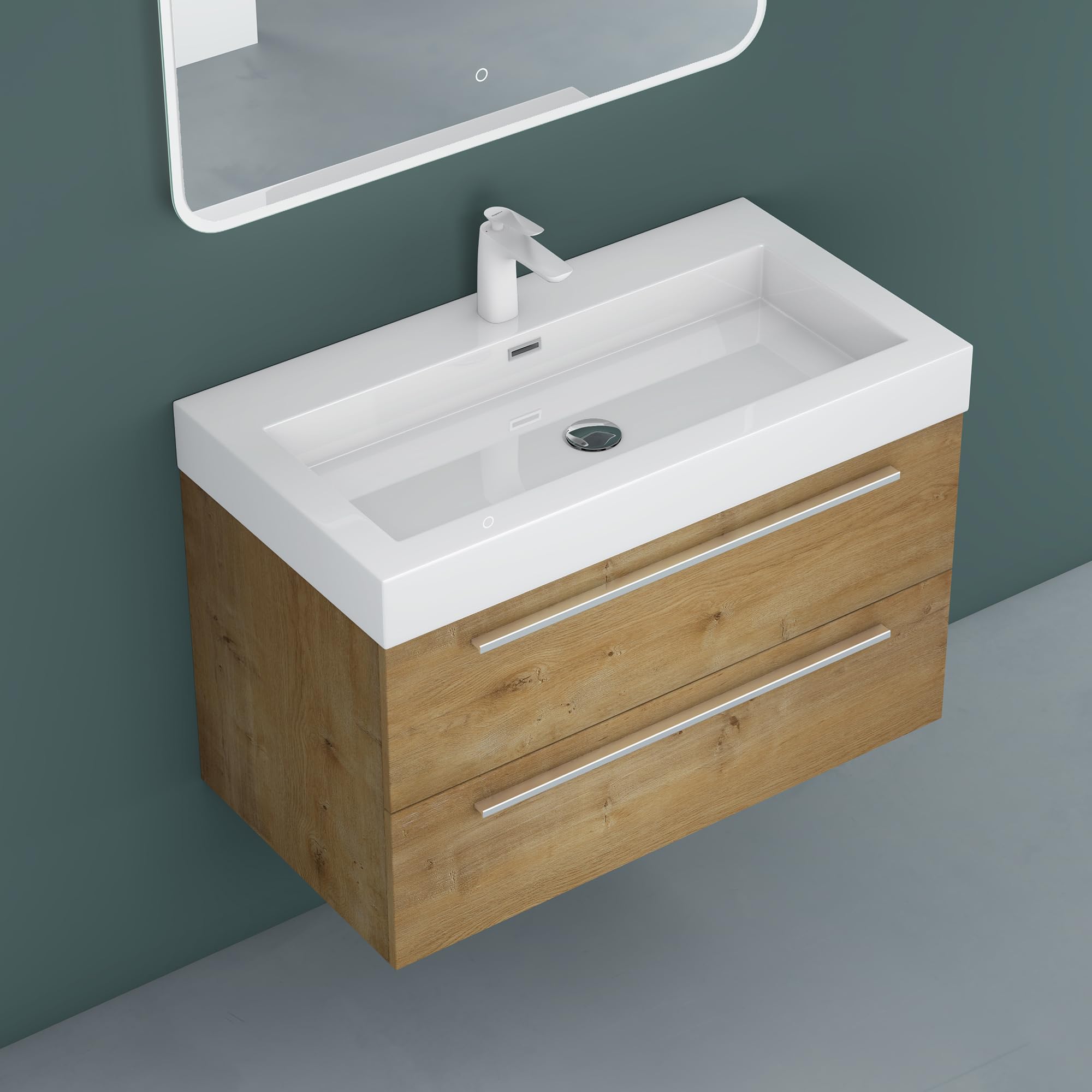 Mai & Mai Meuble de Salle de Bain Marron Clair 90cm Meuble sous Vasque Quadratto Meuble Suspendu avec Vasque