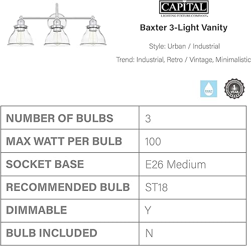 Miniatura 3 de Capital Lighting 8303CH-461 Baxter - Soporte de pared para tocador de baño de vidrio transparente, 3 luces, 300 vatios totales, 11 pulgadas de alto