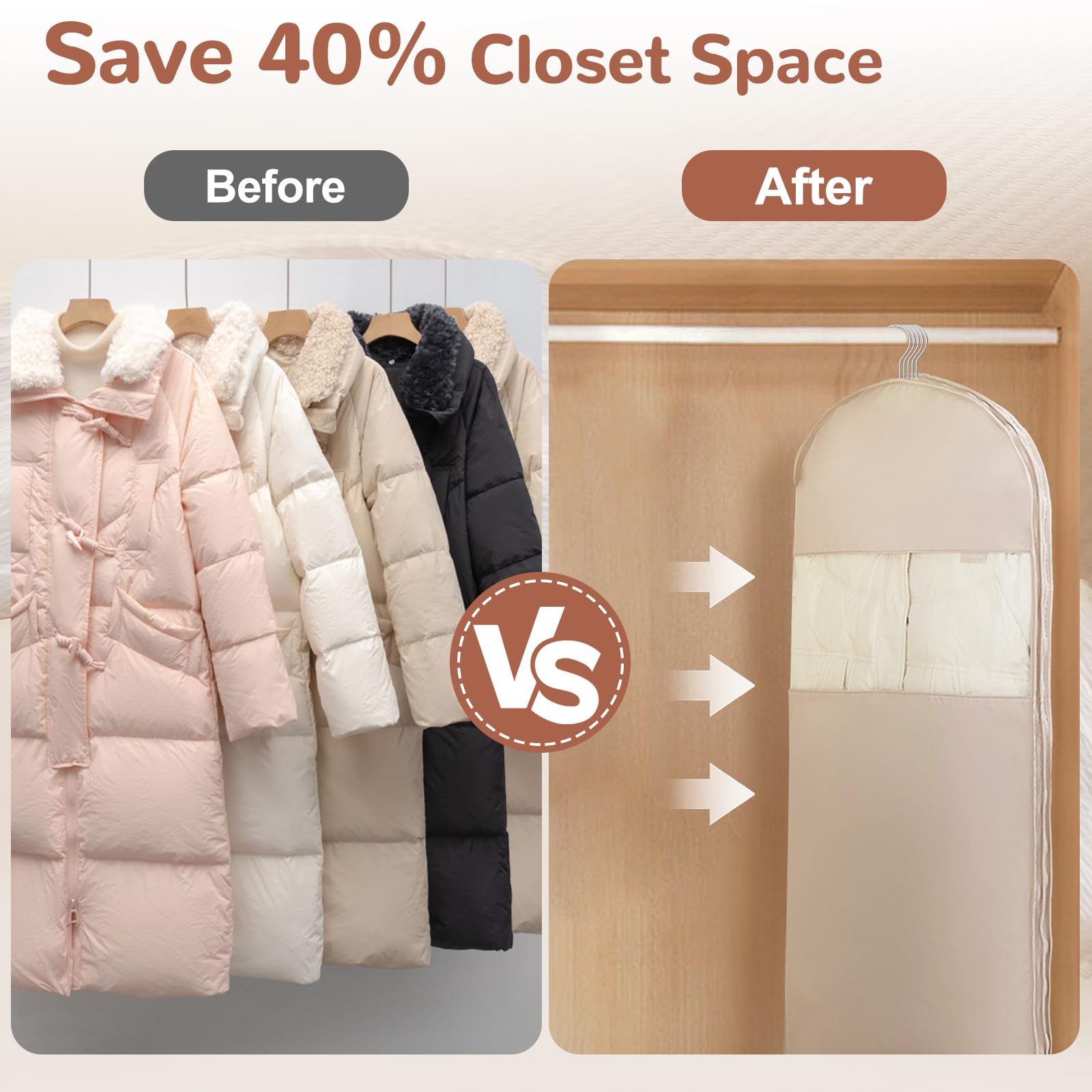 Custodia Porta Abiti da Appendere con Cerniera a Compressione, Copriabiti Salvaspazio per Cappotti, Traspirante Borsa Portaabito, Copertura Vestiti Copri Abiti per Giacca, 1Pc (Beige)