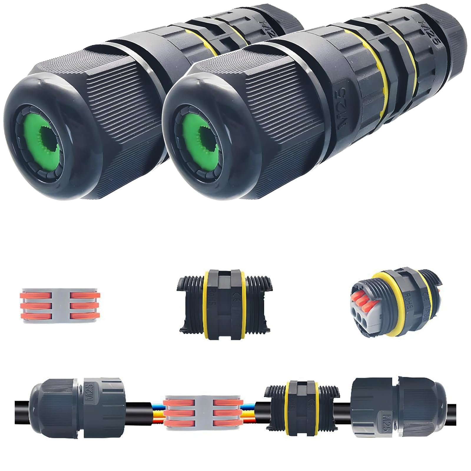 Scatola di Giunzione, CESFONJER IP68 3 vie M25 Connettori Elettrici Impermeabili, Gamma di cavi 6-11mm Esterno Manicotto Accoppiatore (2pezzi)