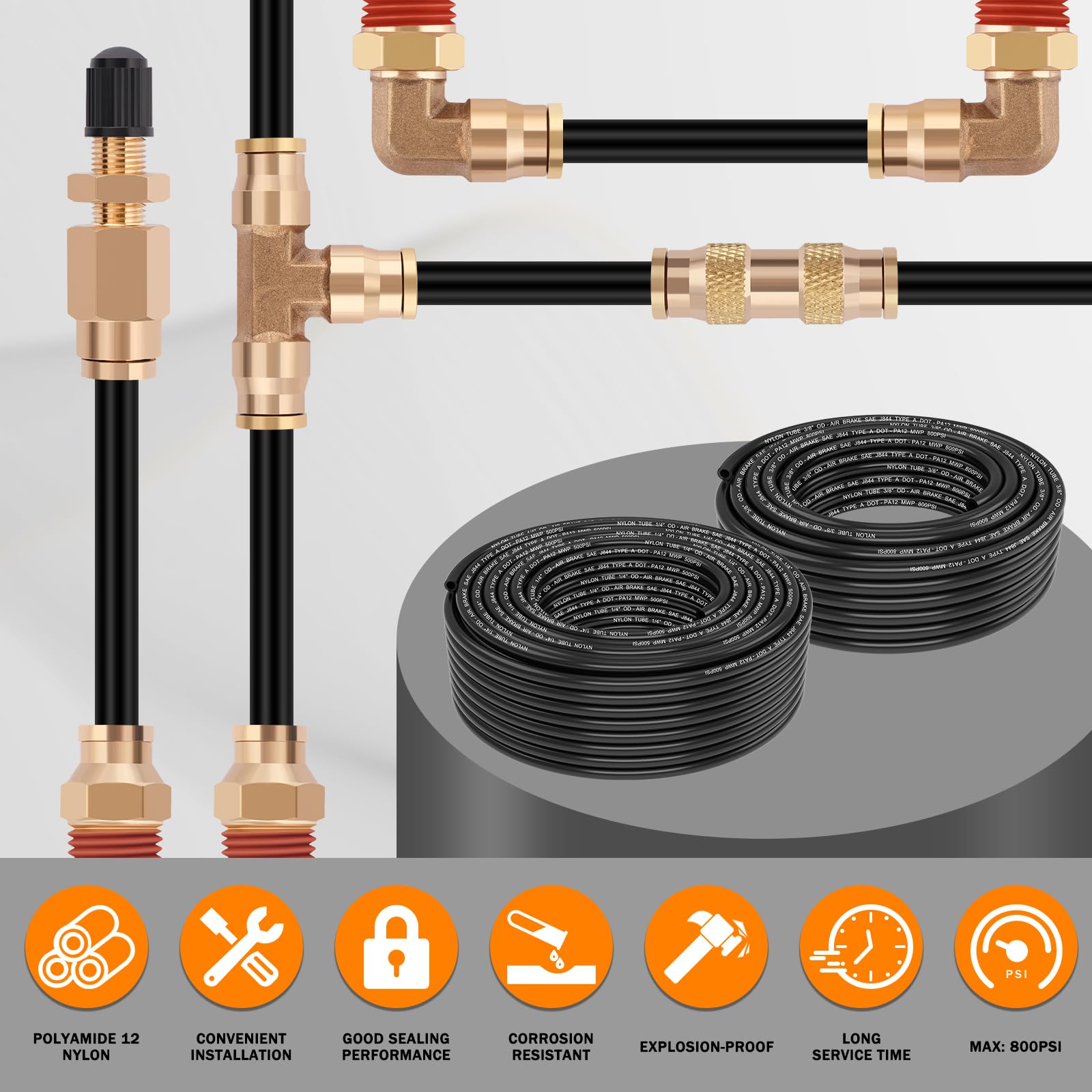 CheeMuii Kit de 2 rollos de tubos neumáticos de 100 pies de línea de aire DOT de 1/4 pulgadas y 50 pies de 3/8 pulgadas DOT de manguera de aire de 46 metros de 1/4 y 3/8 pulgadas PA12 de nailon