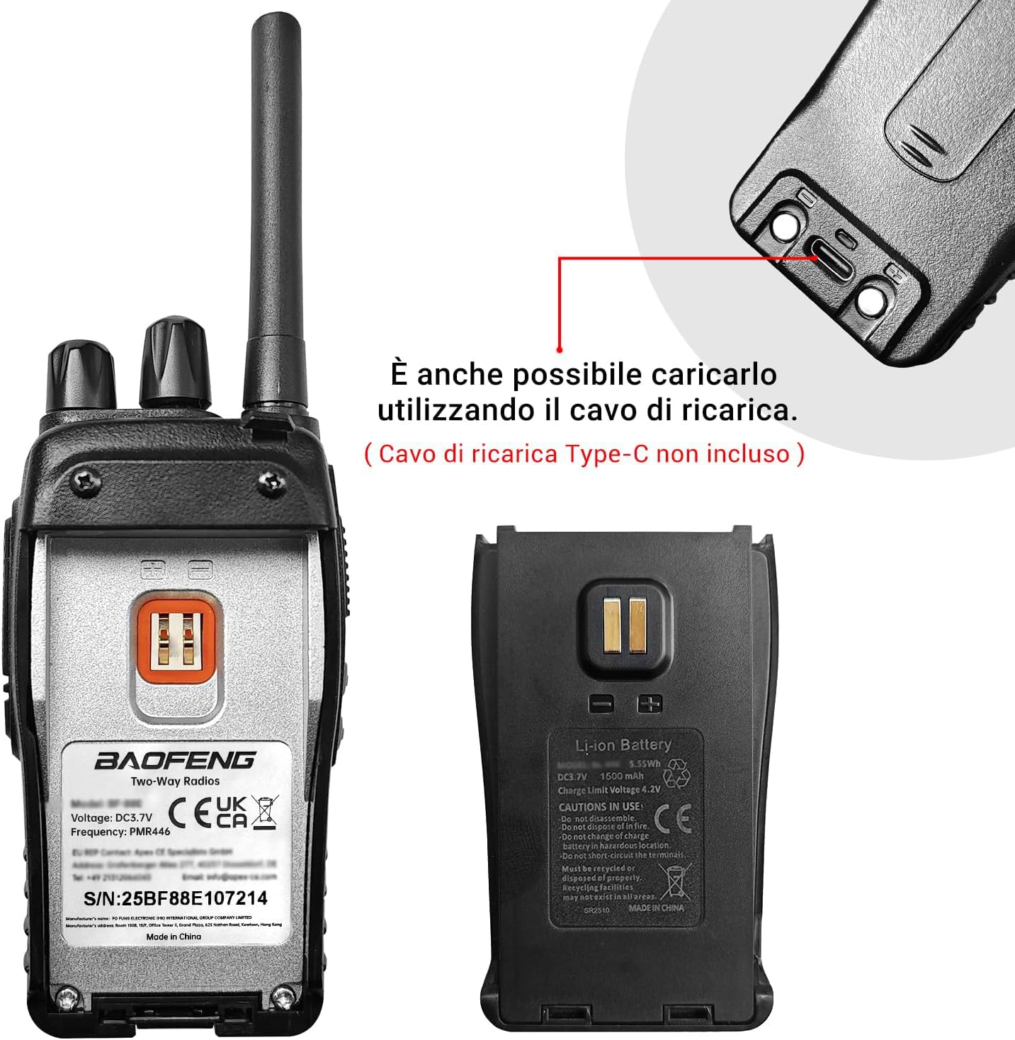 Baofeng Walkie Talkie PMR446 Senza Licenza, Antenna Non Rimovibile, 16 canali Walkie-talkie professionali ricaricabili a lungo raggio con base per caricabatterie USB e auricolari (2 pezzi)