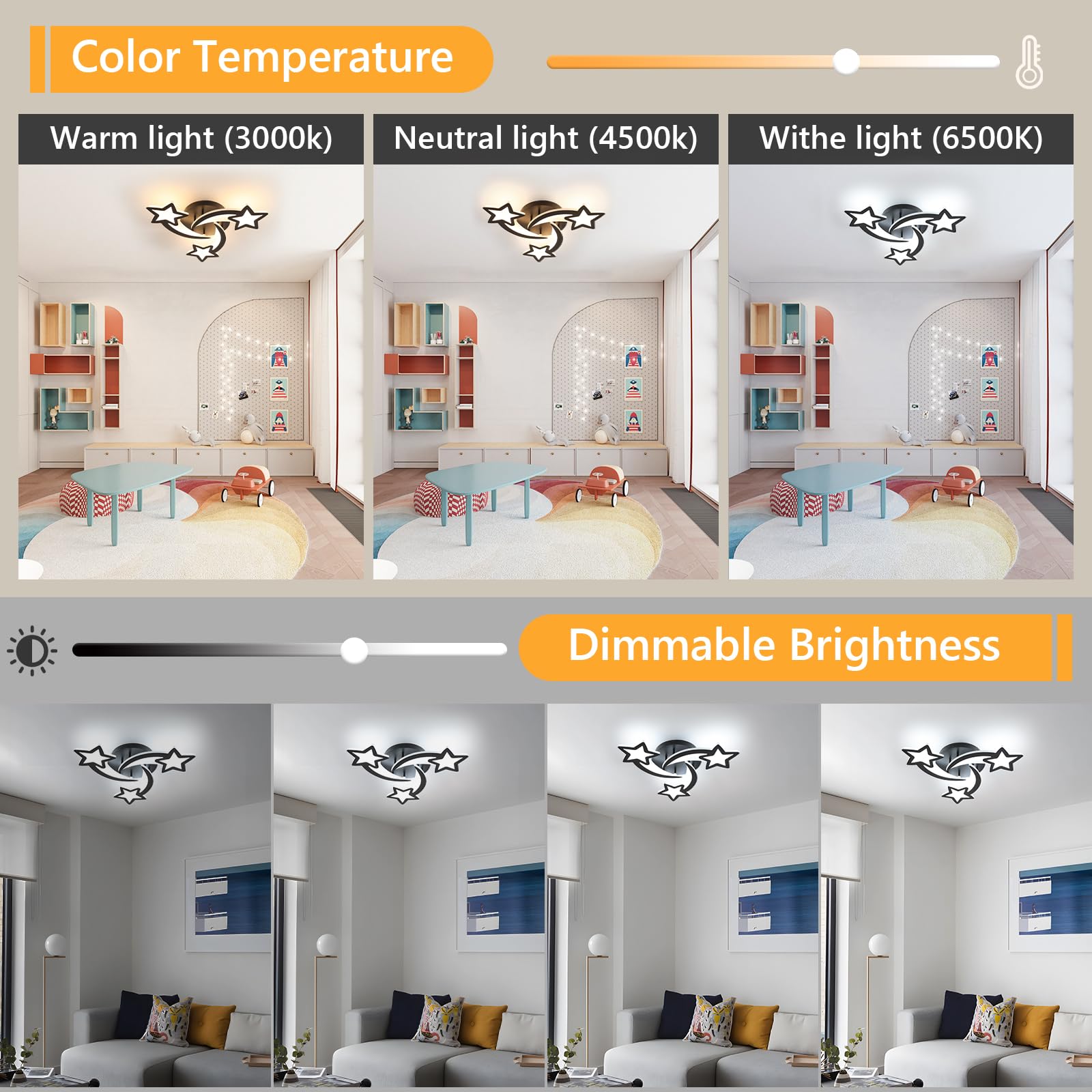 Goeco Lámpara de Techo Regulable 30W 3375LM 51CM 3000K-6500K, Negro | Moderno Plafon Led con Mando a Distancia Luz de Techo Diseño de Forma de Estrella para Cocina, Salón, Dormitorio