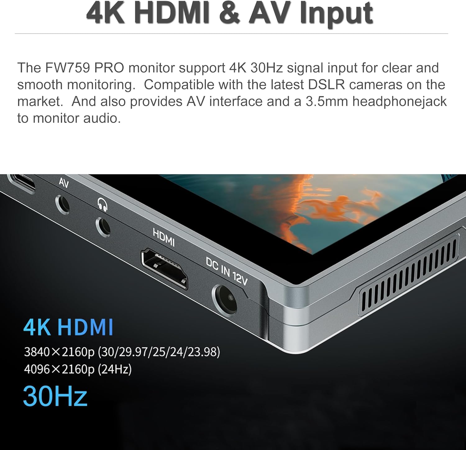 Feelworld FW759 PRO 7" Camera Monitor 22mm Ultra Thin 300g Lightweight 1280x800 178° Wide Angle 9:16 Touch Screen 4K 30Hz HDMI Power by NP-F/DC/Typr-C with Sun-Hood