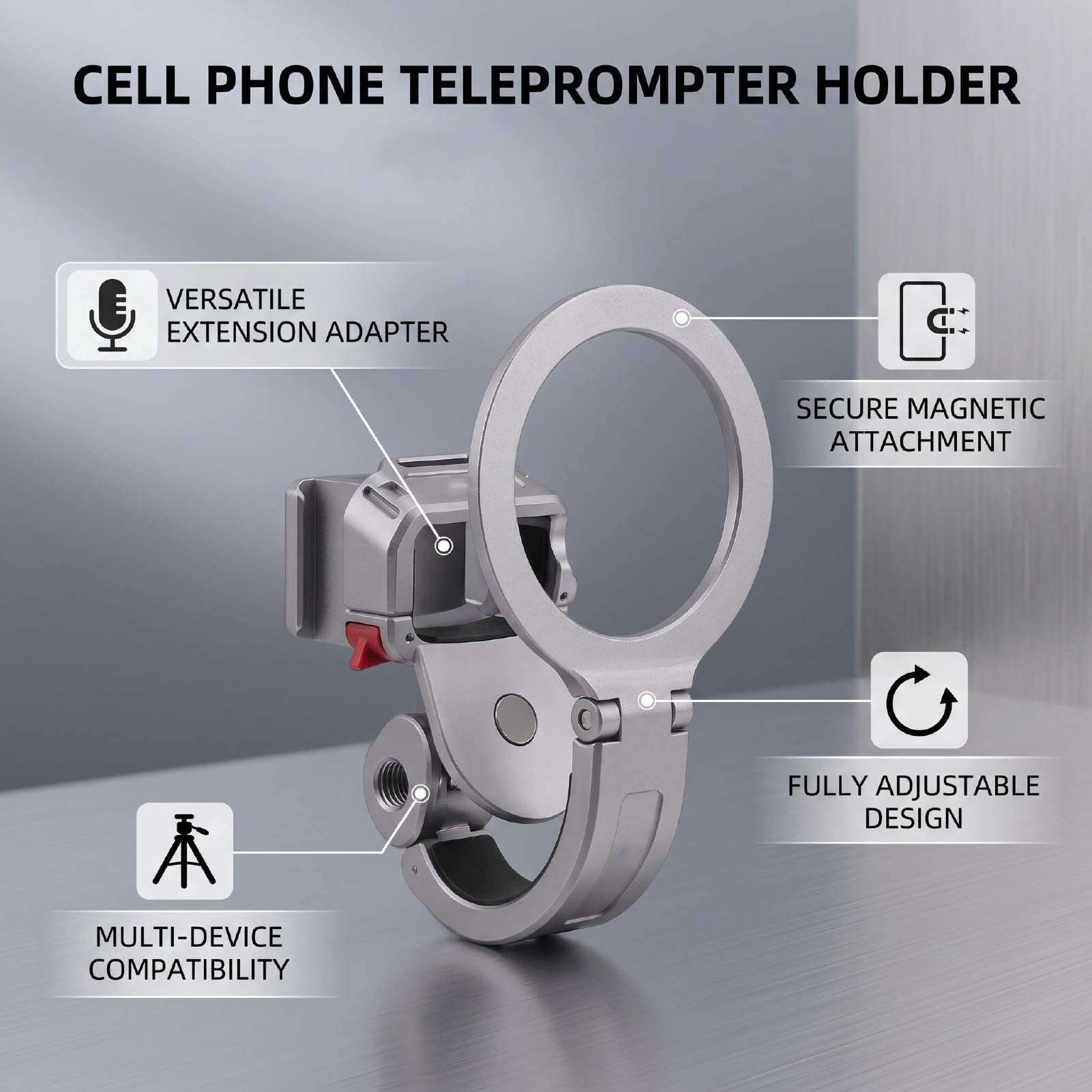 Supporto per Teleprompter per Cellulare, Adattatore Magnetico con | Leggero in Lega D'alluminio, Regolabile su 3 Assi, Compatibile con 4/3, con Supporto Integrato per filmare.