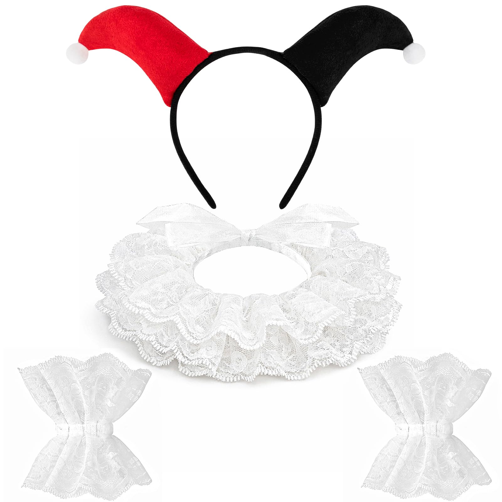 Tanganan Clown Collar with Headband, Renaissance Victorian Ruffle Collar and Wrist Cuffs Set Layered Clown Choker Neck Collars Cuff for Halloween Fancy Dress Cosplay Costume (black) (red) — image 1