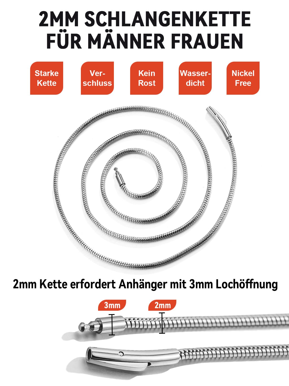 FaithHeart Edelstahl Schlangenkette 2mm 40cm-75cm lang Herrenkette Damenkette mit Drehverschluss für Weihnachten Halloween Valentinstag