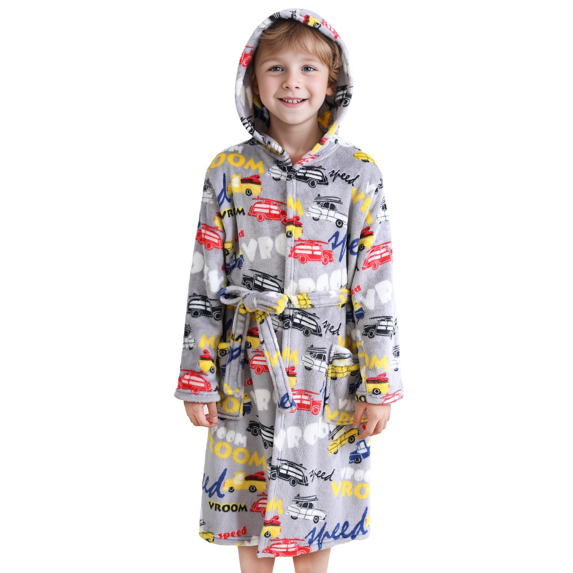 V.&GRIN Boys Fleece Robe, Hooded Plush Soft Fuzzy Bathrobe for Kids 3-14 Years