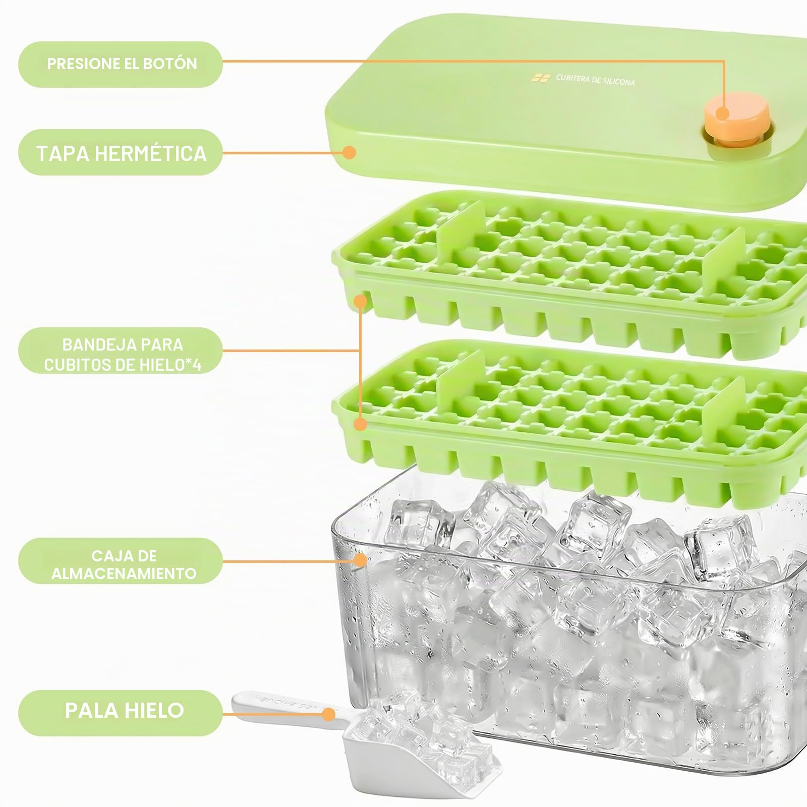 Cubiteras para Hielo con Tapa, Cubitera para Hacer Hielo y Hielos Reutilizabl,Hace hasta 200 cubitos,Perfecta para whisky, cócteles, café y todas las Bebidas.(Verde)