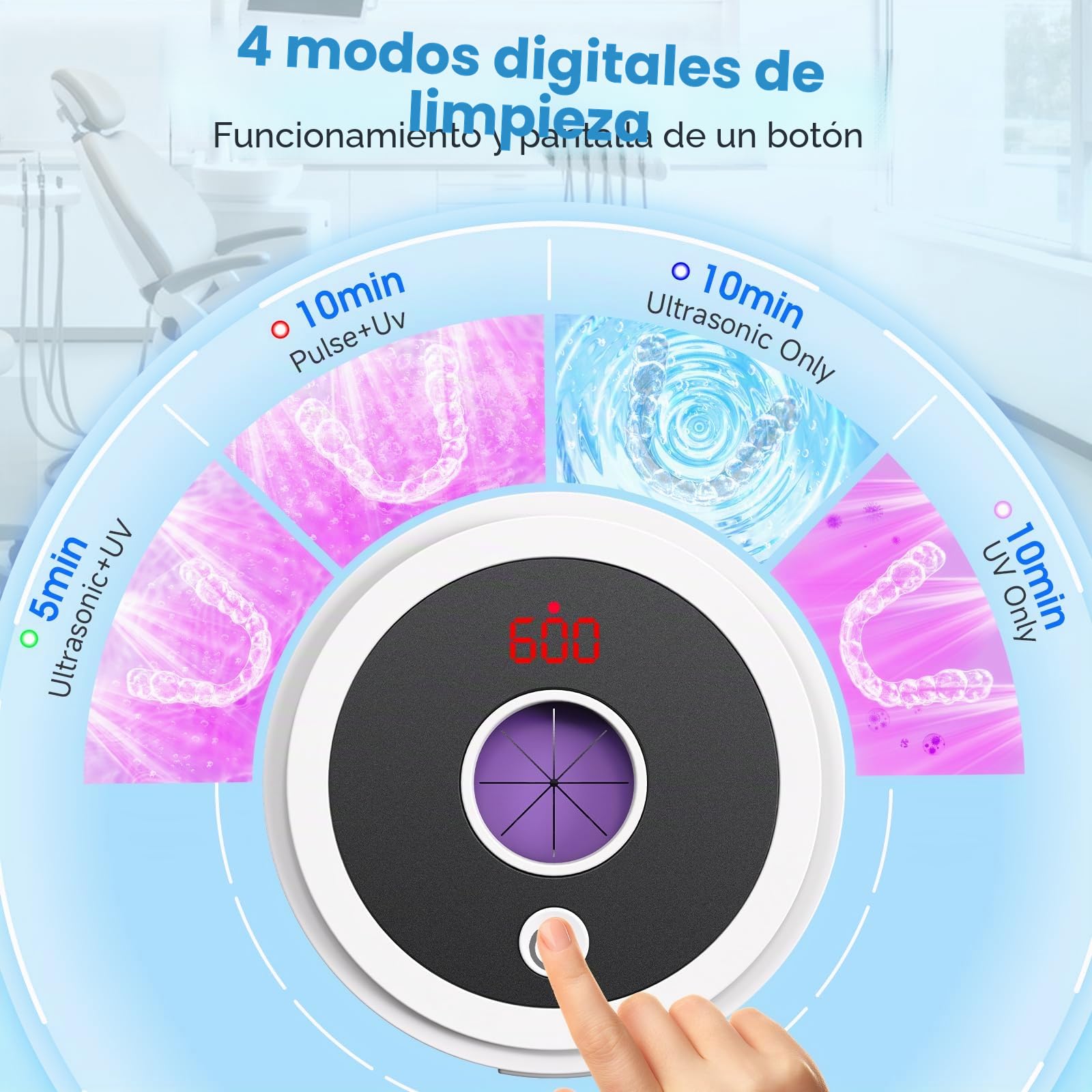 Limpiador de retenedores ultrasónico, 45 kHz, limpiador dental con cápsula y lámpara UV y 4 modos de limpieza, limpiador ultrasónico para joyas, alineador, protector nocturno, protector bucal