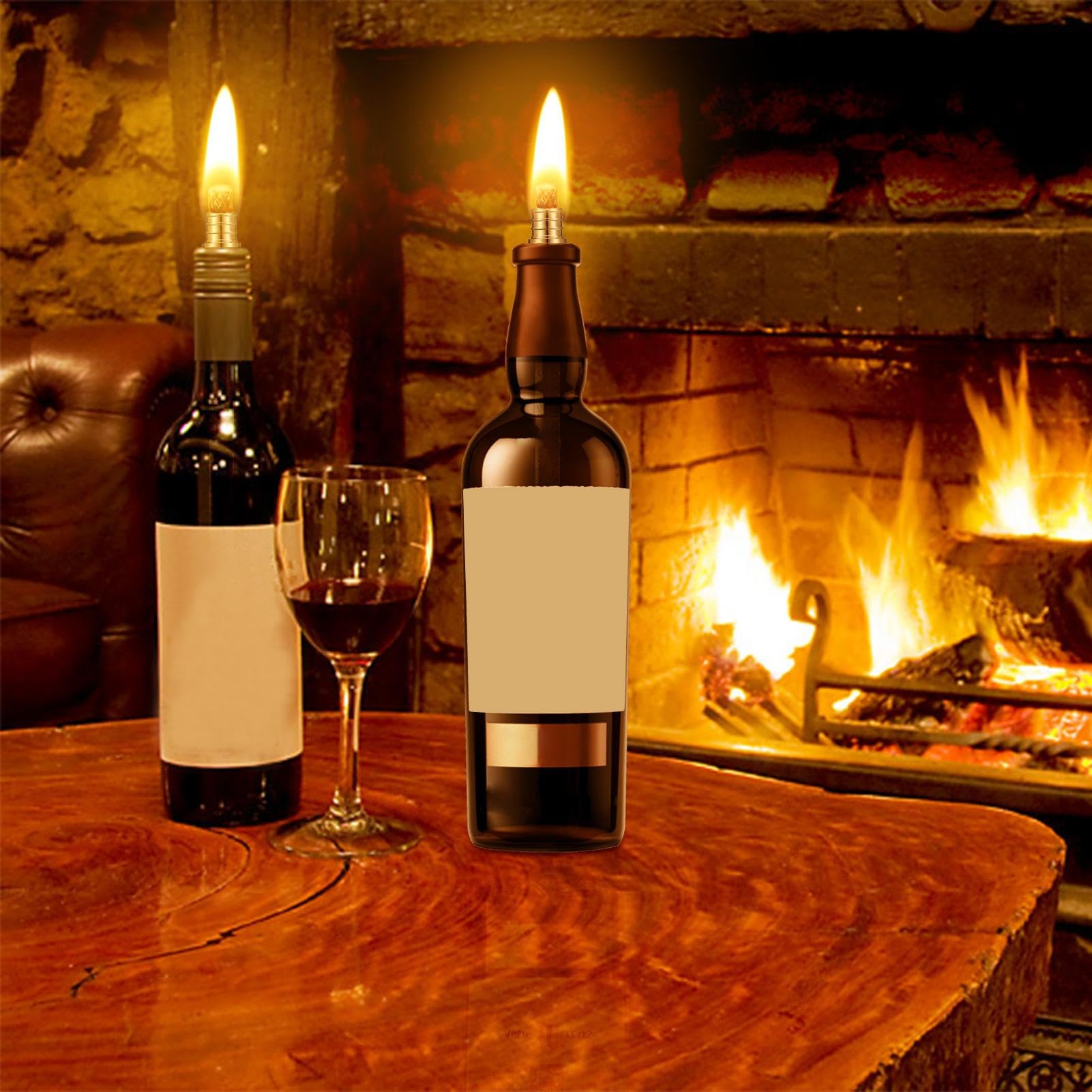 Weinflaschen-Fackelset – 8 Dochte + Kupferabdeckungen | Für Garten, Terrasse & Romantische Abende