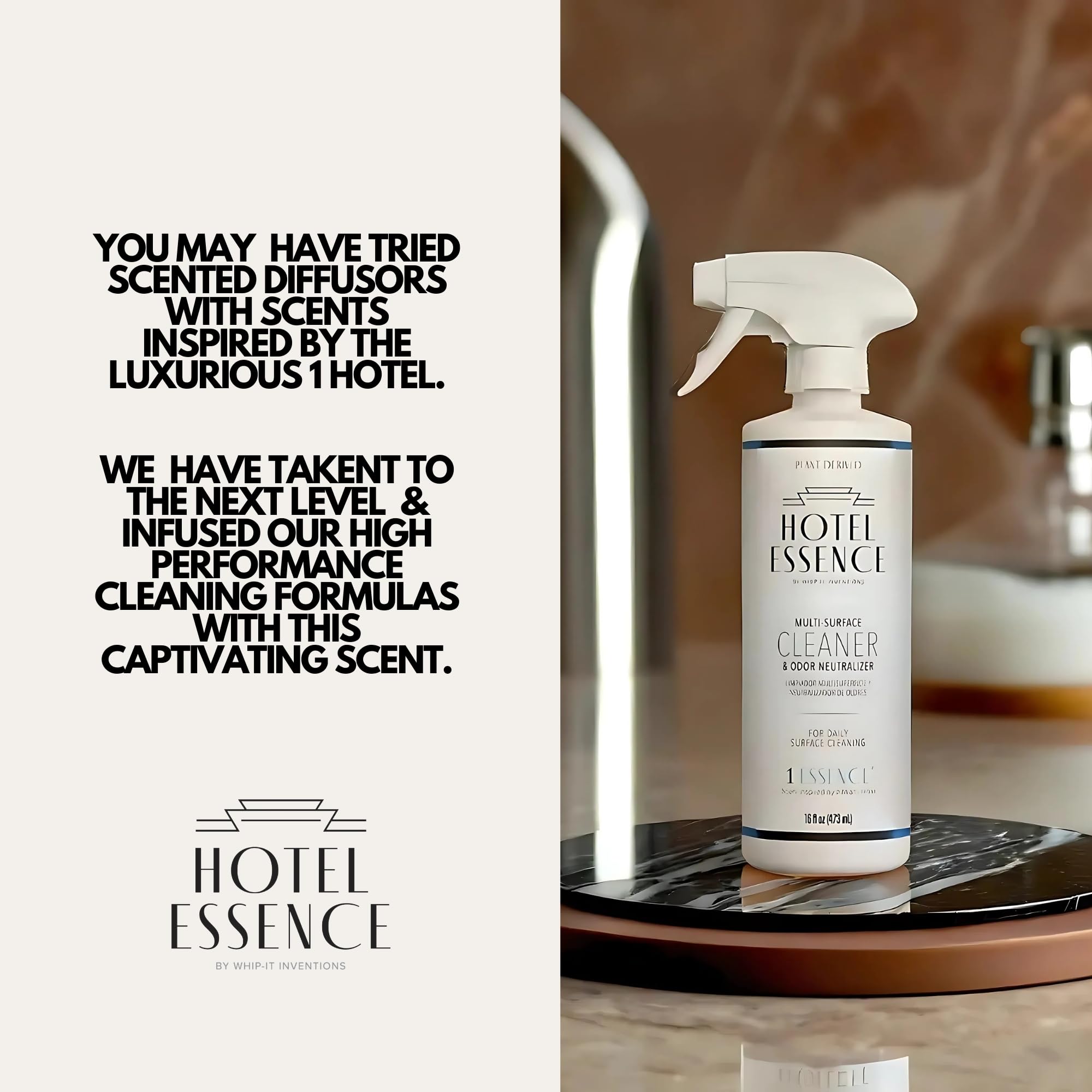Hotel Essence Cleaner: Limpiador multisuperficie a base de plantas y neutralizador de olores, 16 onzas, cuero, cardamomo, limón, sándalo, cedro, canela, vetiver, ámbar, almizcle, iris, 16 onzas