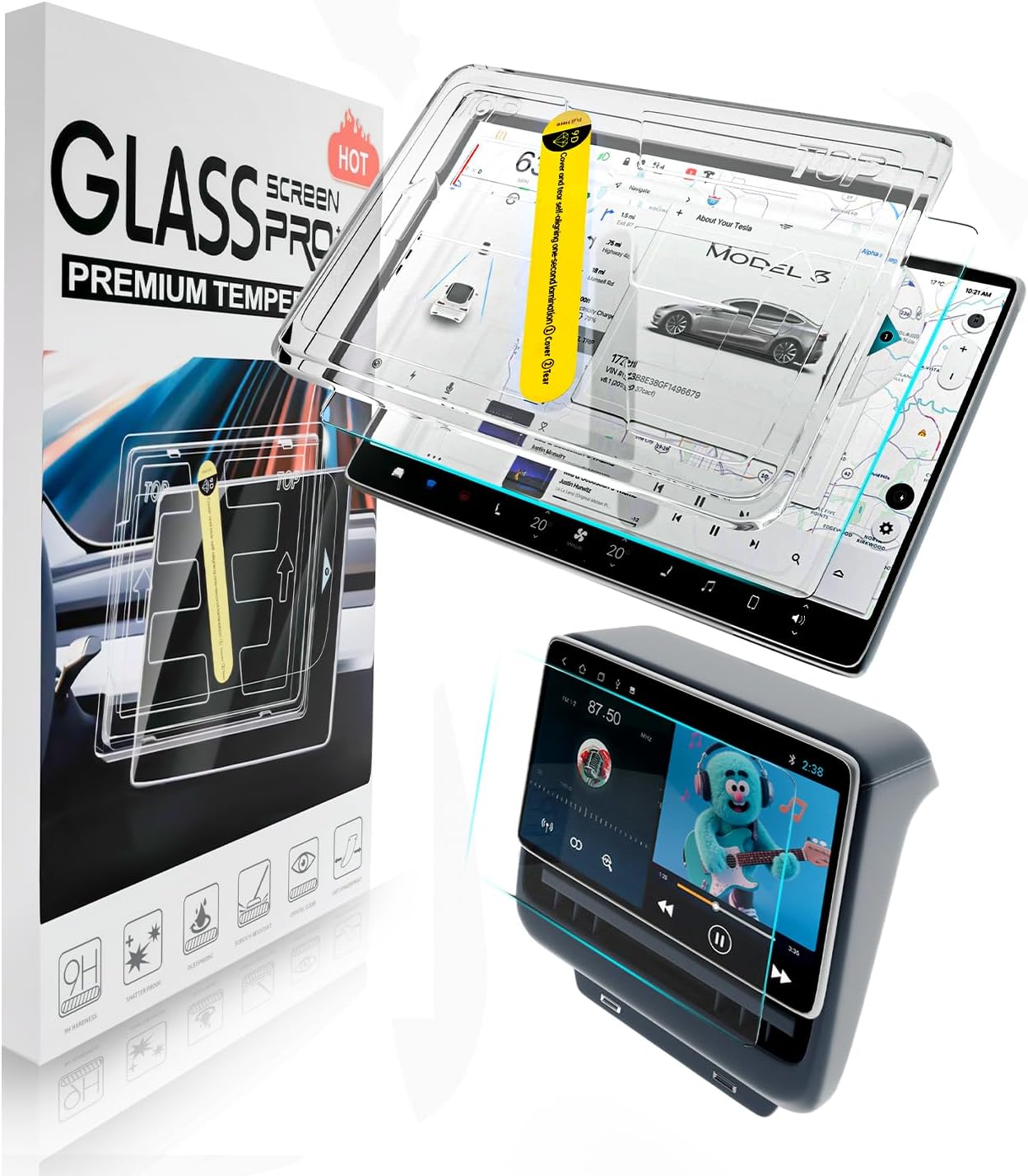 2Pcs Tesla Model Y 2025 2026 Juniper& 2024 2025 Model 3 Highland Matte Screen Protector – [No More Glare& Fingerprint] – Mil-Grade 9H+ Tempered Glass with Mounting Frame Kit – Front& Rear Protector(New Model Y/3-Matte)