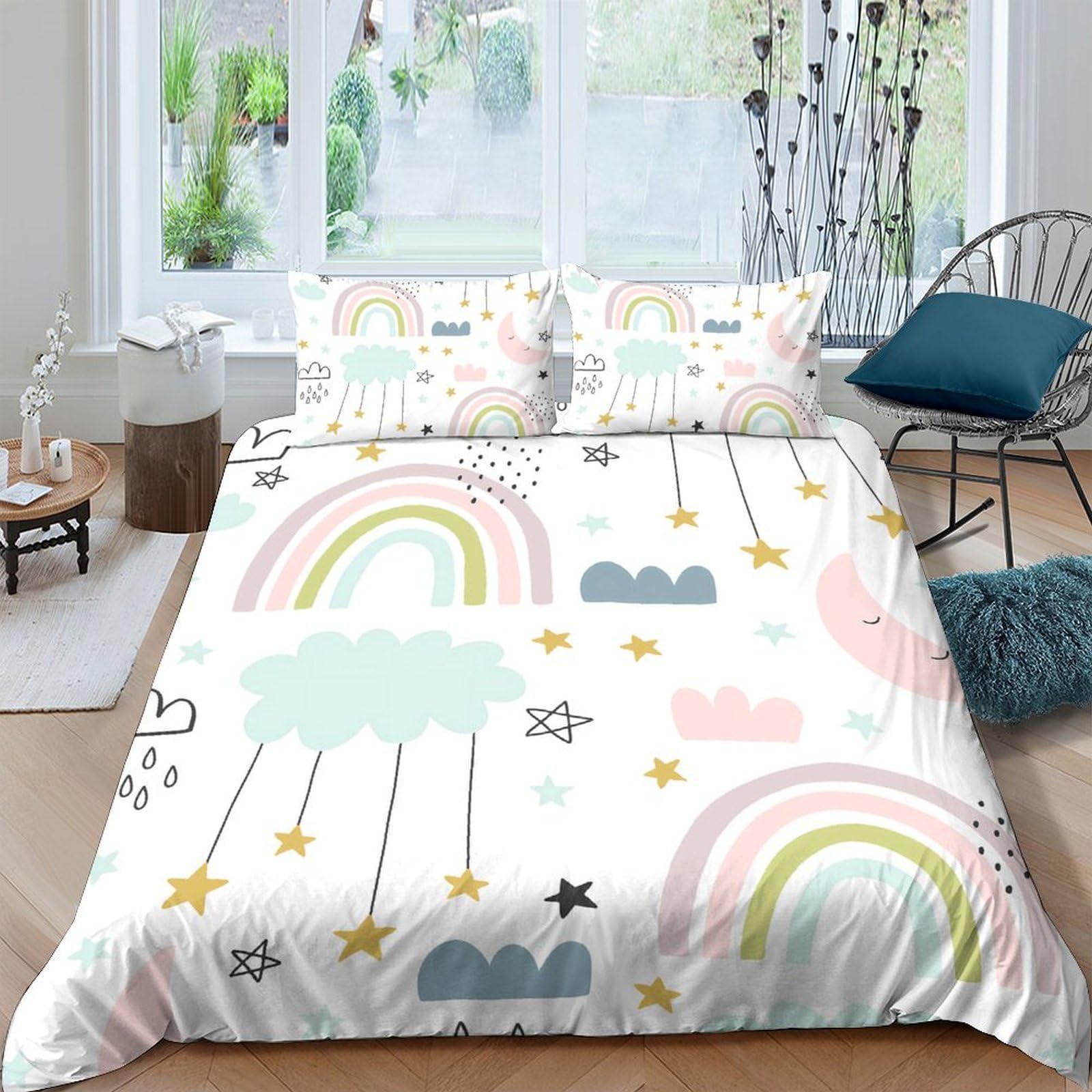 Ctjqhvkz Style-4 3D Printed Rainbow Cloud Fitted Sheet Microfiber Soft Bedroom Decor Star Sky Mattress Cover Anti-Dust Easy Care Single（135X200cm）