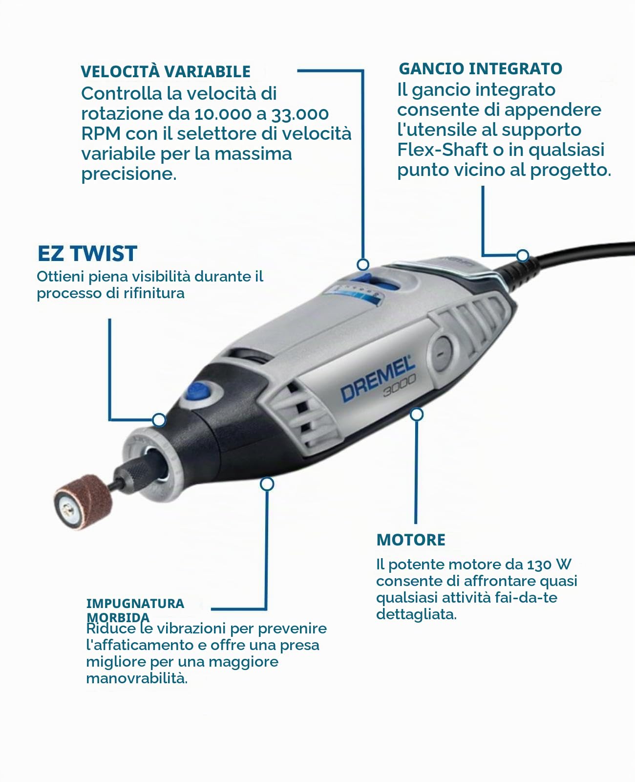 Dremel 3000 - Utensile rotante, 130 W, 15 accessori, velocità variabile 10.000-33.000 giri/min