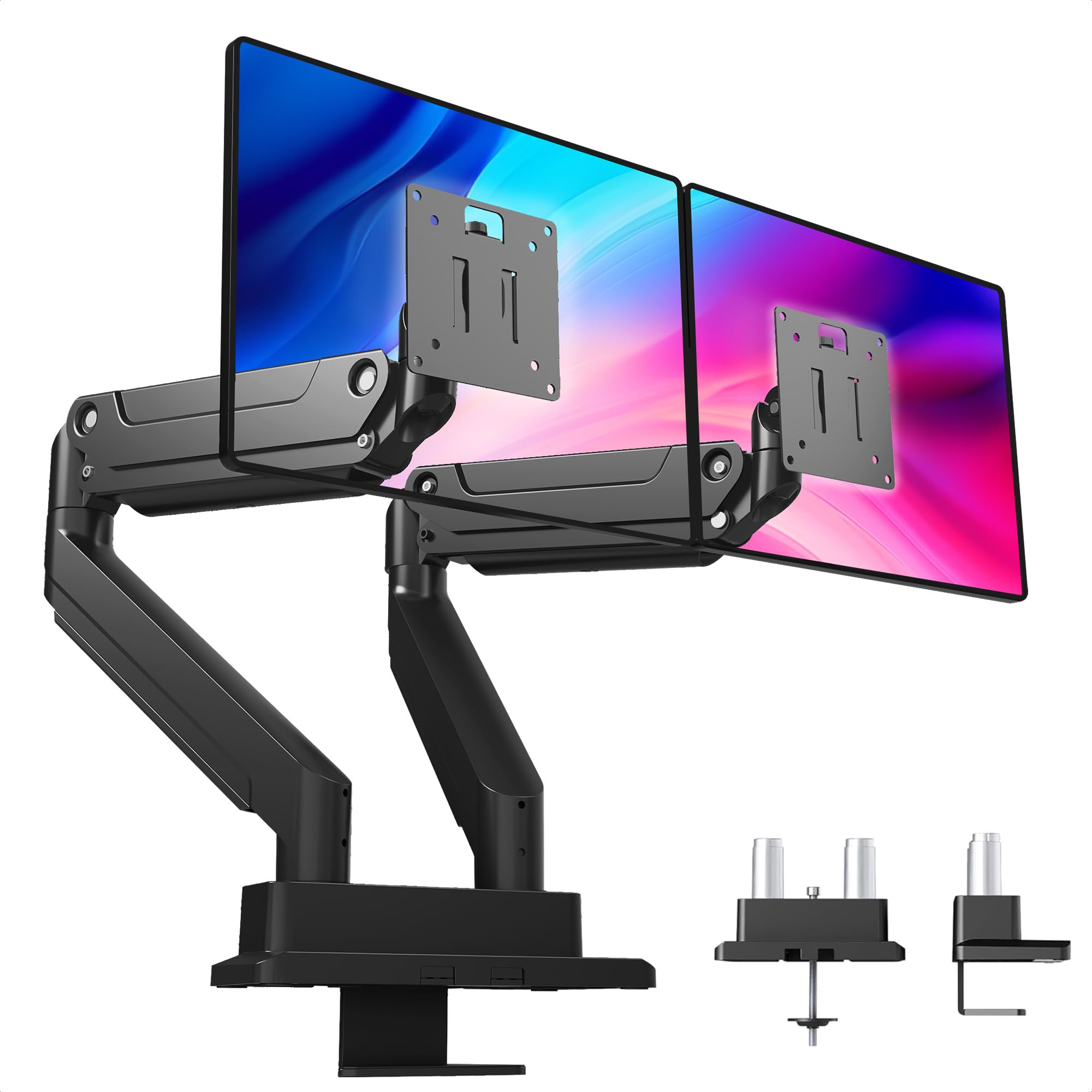 Claiks Monitor Halterung 2 Monitore für bis 17-49 Zoll Curved und Flach, Dual Monitor Halterung Höhenverstellbar Neigbar Schwenkbar Drehungbar,VESA 75x75/100x100 mm,Hält 1~20 kg,Schwarz