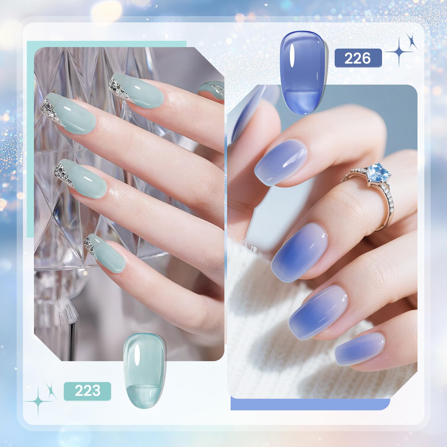 JODSONE 10ml 6 Colors Jelly Gel Nail Polish Set Ocean Blue Turquoise Gel Polish with Crystal Long Lasting All Seasons Need U V Lamp - Image 4