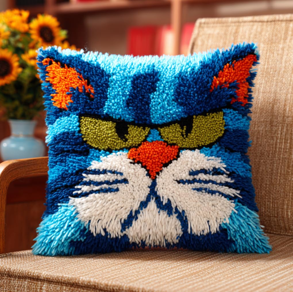 Taxpy Latch Hook Pillow Case Kit for Adults - Cat DIY Cushion Cover Cross Stitch Embroidery 17X17Inch/43X43Cm - Home Decor