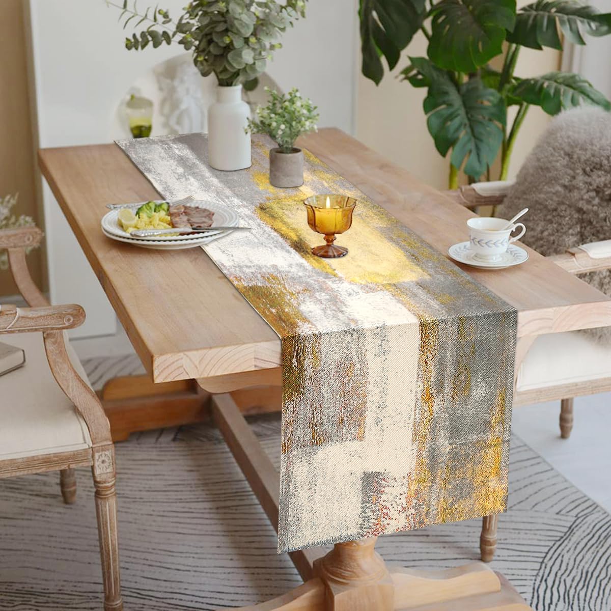 Dining Table Runner Retro Oil Painting Pattern Tablecloth Yellow and Grey Linen Table Decorative Cloth for Party Wedding Banquet Table Decoration Party Table Runner 40 cm x 140 cm - Image 2