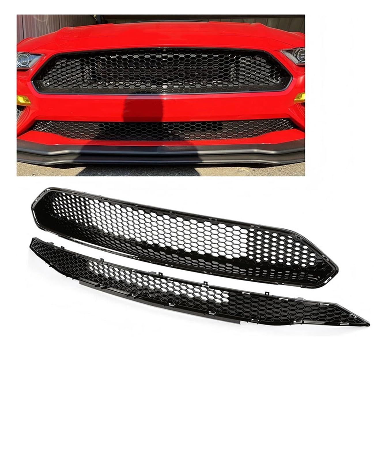 Pasuje do kratki Ford Mustang 2018-2019 | Zestaw grilla górnego/dolnego przedniego zderzaka, czarna siatka o strukturze plastra miodu(Upper Lower Set)
