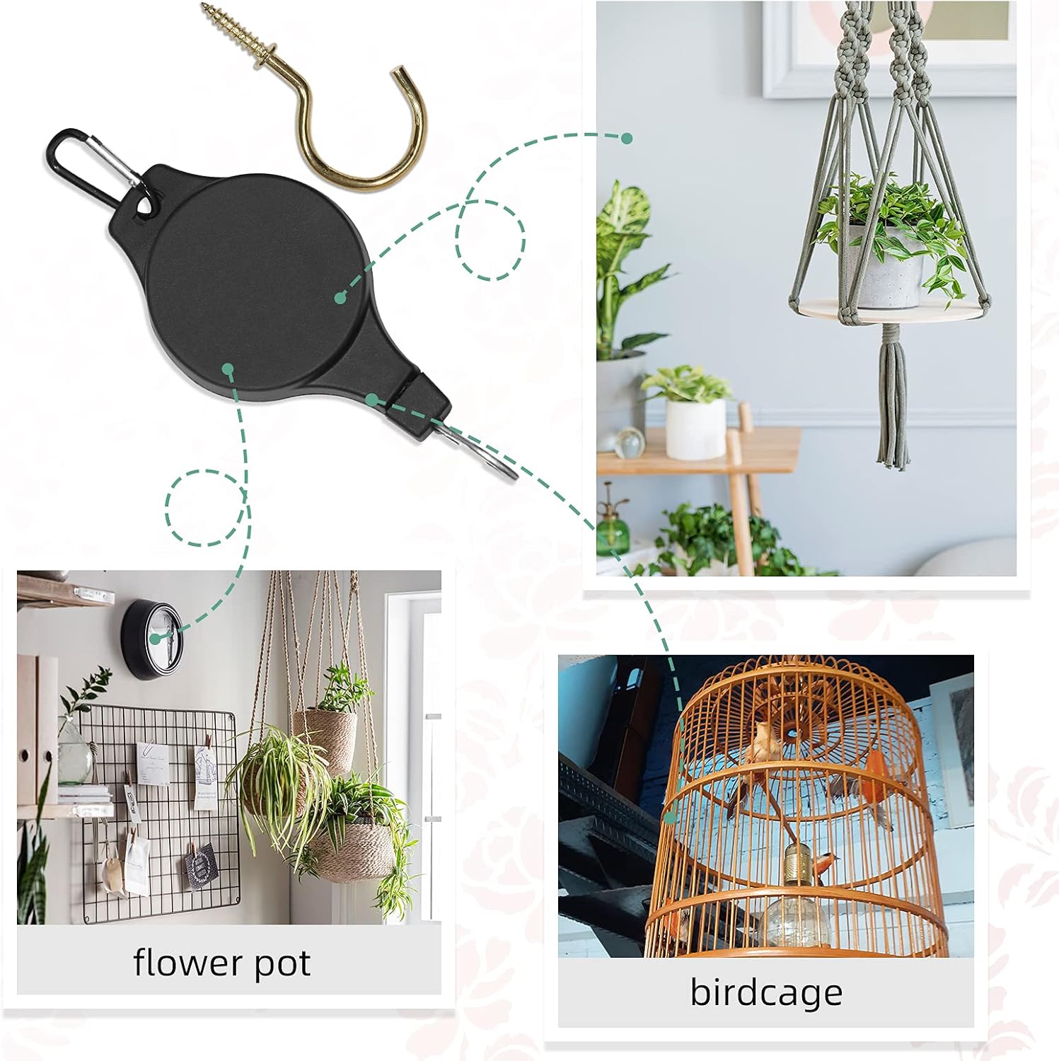 3 Pack Plant Pulley Hanger, Retractable Plant Hook Pulley, Adjustable Plant Pulleys for Hanging Plants, with 6 Pack Golden Metal Ceiling Hooks, Plant Pulley Hanger for Garden Baskets & Bird Feeder