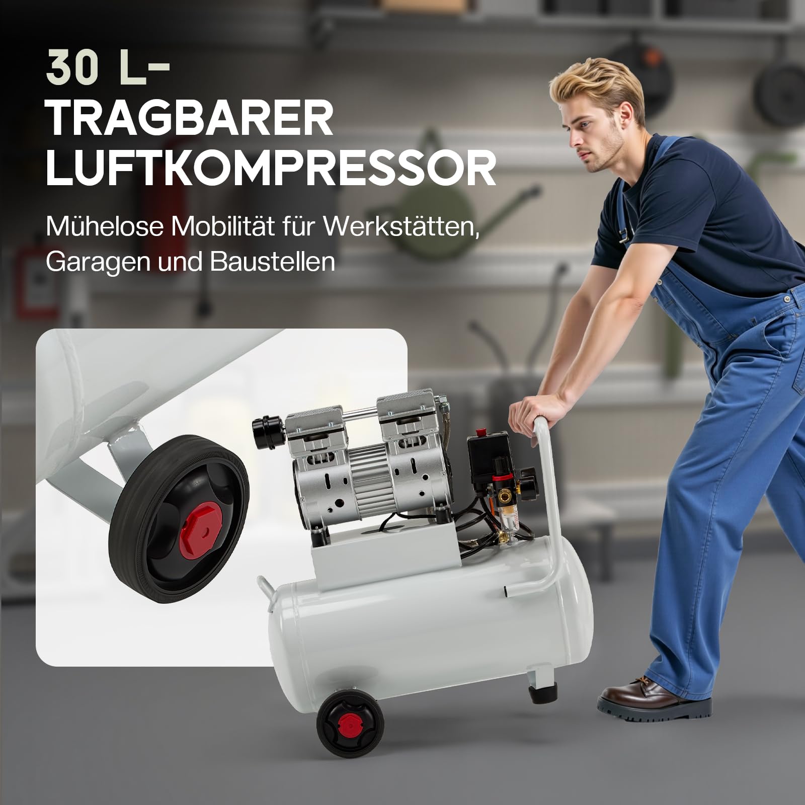 LUXOAK Compresor de aire con válvula de descarga automática, caldera de 30 l, 8 bar, 0,75 kW/1,0 CV, 160 l/min, sin aceite, doble cilindro, fácil de transportar gracias a las ruedas