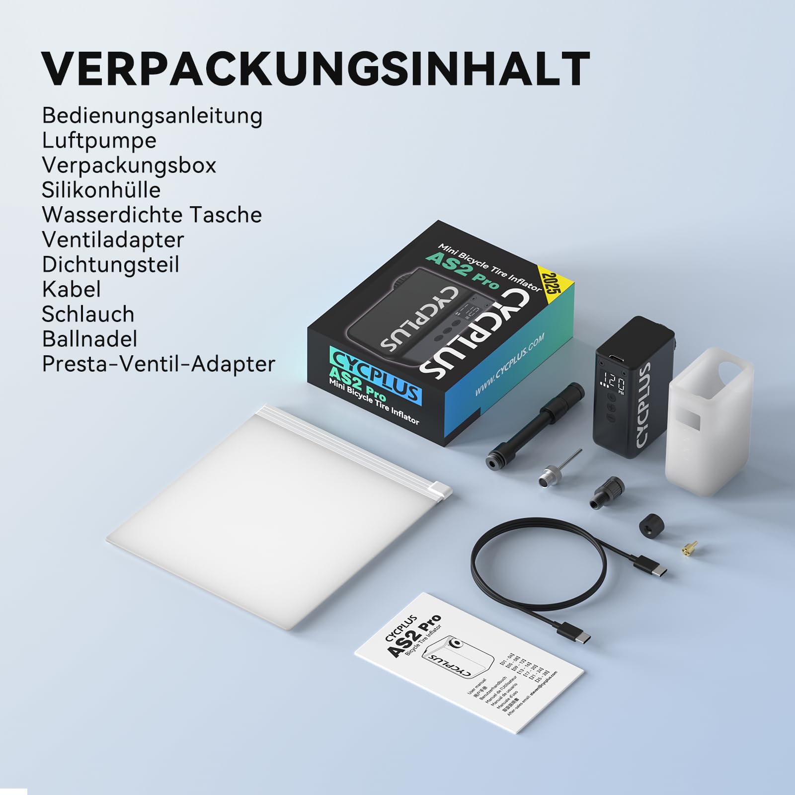 CYCPLUS AS2 PRO Tiny Fahrradpumpe mit Manometer, max 120 PSI Elektrofahrradpumpe, automatische Abschaltung, mit Presta- und Schrader-Ventil für E-Bike, Mountainbike, Citybike und Rennrad(2025 Version)
