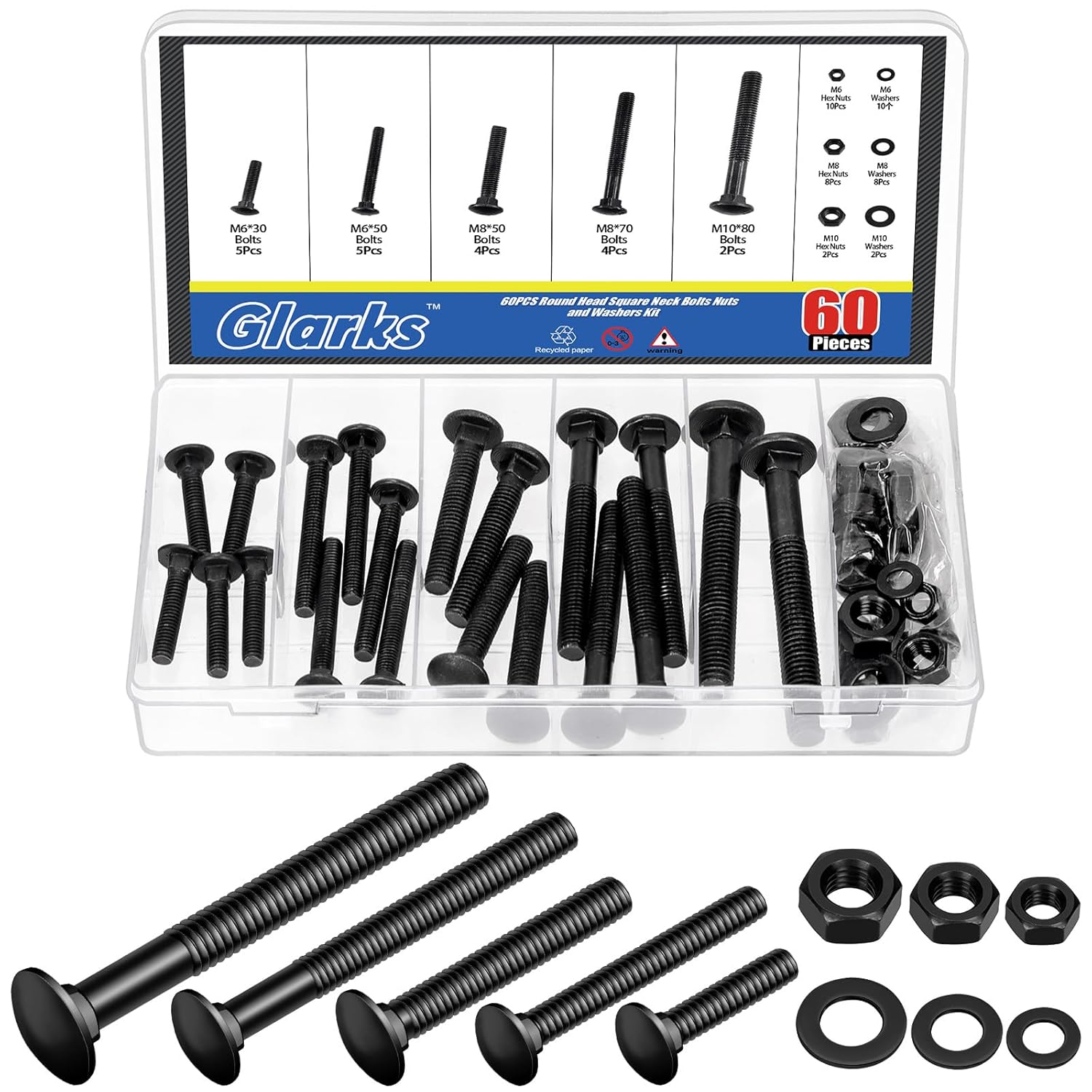 Glarks 60pcs M6 M8 M10 Carriage Bolts Screws, Round Head Square Neck Bolts, Square Neck Carriage Bolts Screws with Nuts and Washers for Machinery Industry