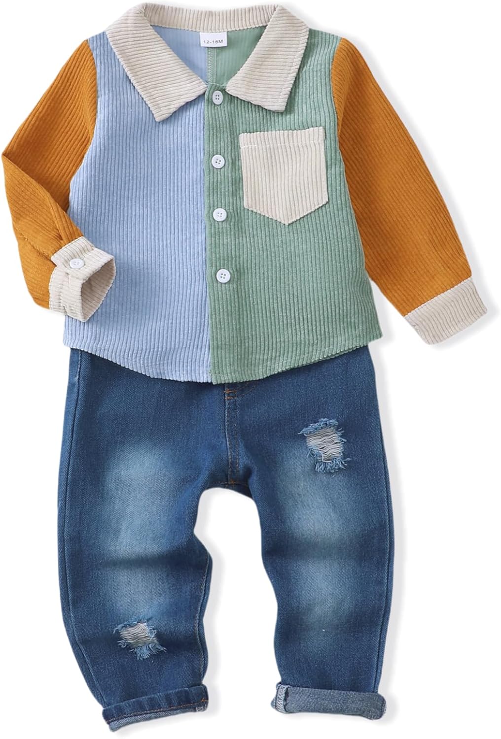 NZRVAWS Toddler Baby Boy Clothes Infant Plaid Pocket Shirt Denim Ripped Jean Pants Outfits Set 6-24 Months 2-5T