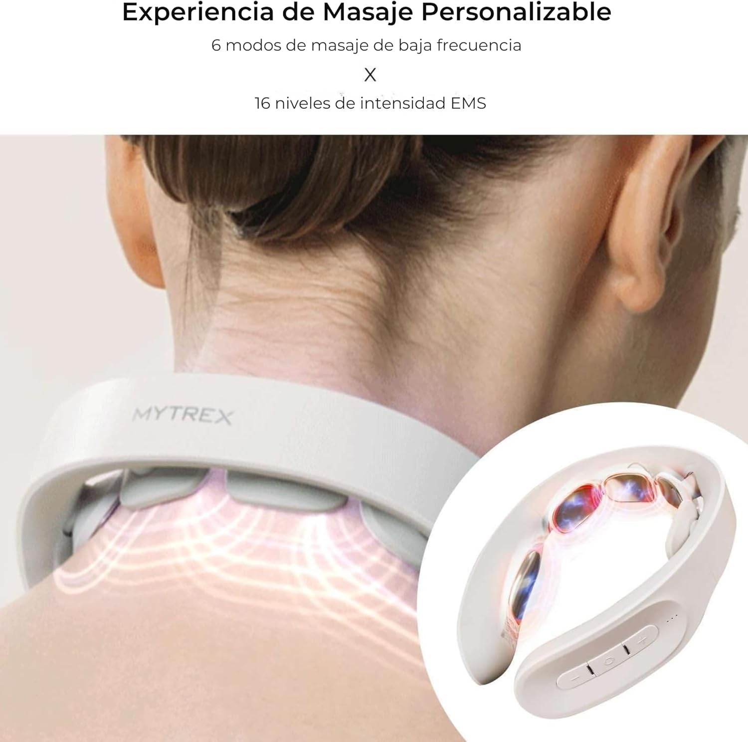 MYTREX Dr.Heat Neck Massager showing customizable massage experience with 6 low-frequency modes and 16 EMS intensity levels.