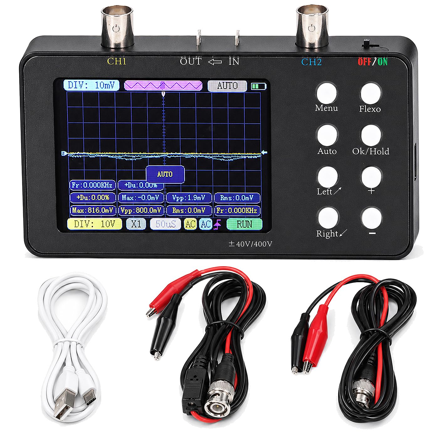 Fyearfly Oscilloscopio A Doppio Canale, Oscilloscopio Digitale Multimetro Generatore di Segnale Portatile A 2 Canali Larghezza di Banda 2 MHz con Display LCD Retroilluminato + Clip A Coccodrillo