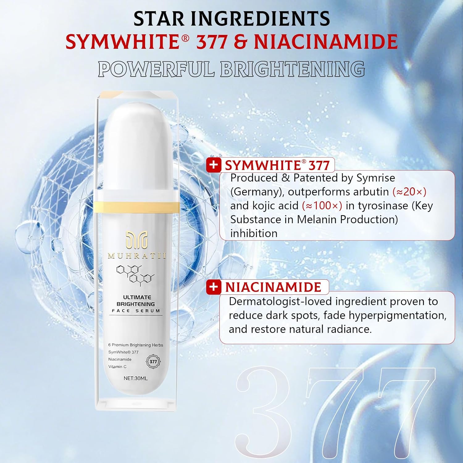 Ultimate Brightening Serum (1 fl oz) - Powered by SymWhite 377 from Germany, 5% Niacinamide & Vitamin C - Dark Spot Corrector & Skin Tone Evener - Halal Certified & Herbal Extract Blend