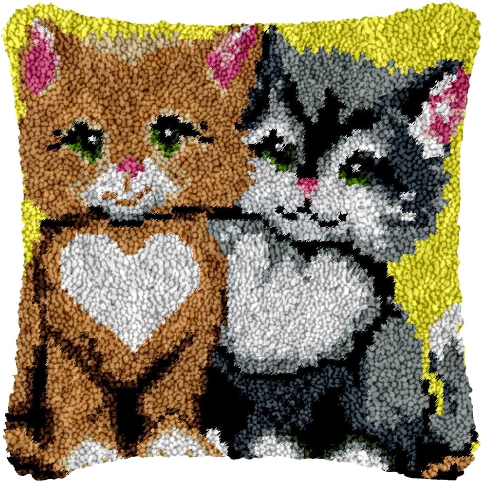 Yglnden Latch Hook Kit Pillow DIY Throw Cover Crochet Needlework Printed Canvas Decor for Adults (Cat:43x43cm/17 X17)