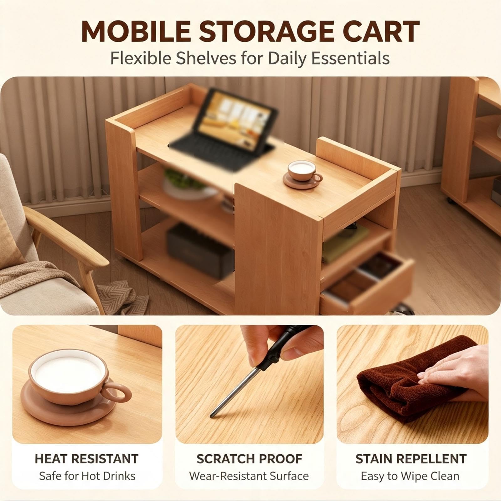 Mobiletto Portaoggetti Con Ruote, Tavolino Laterale 2 Cassetti