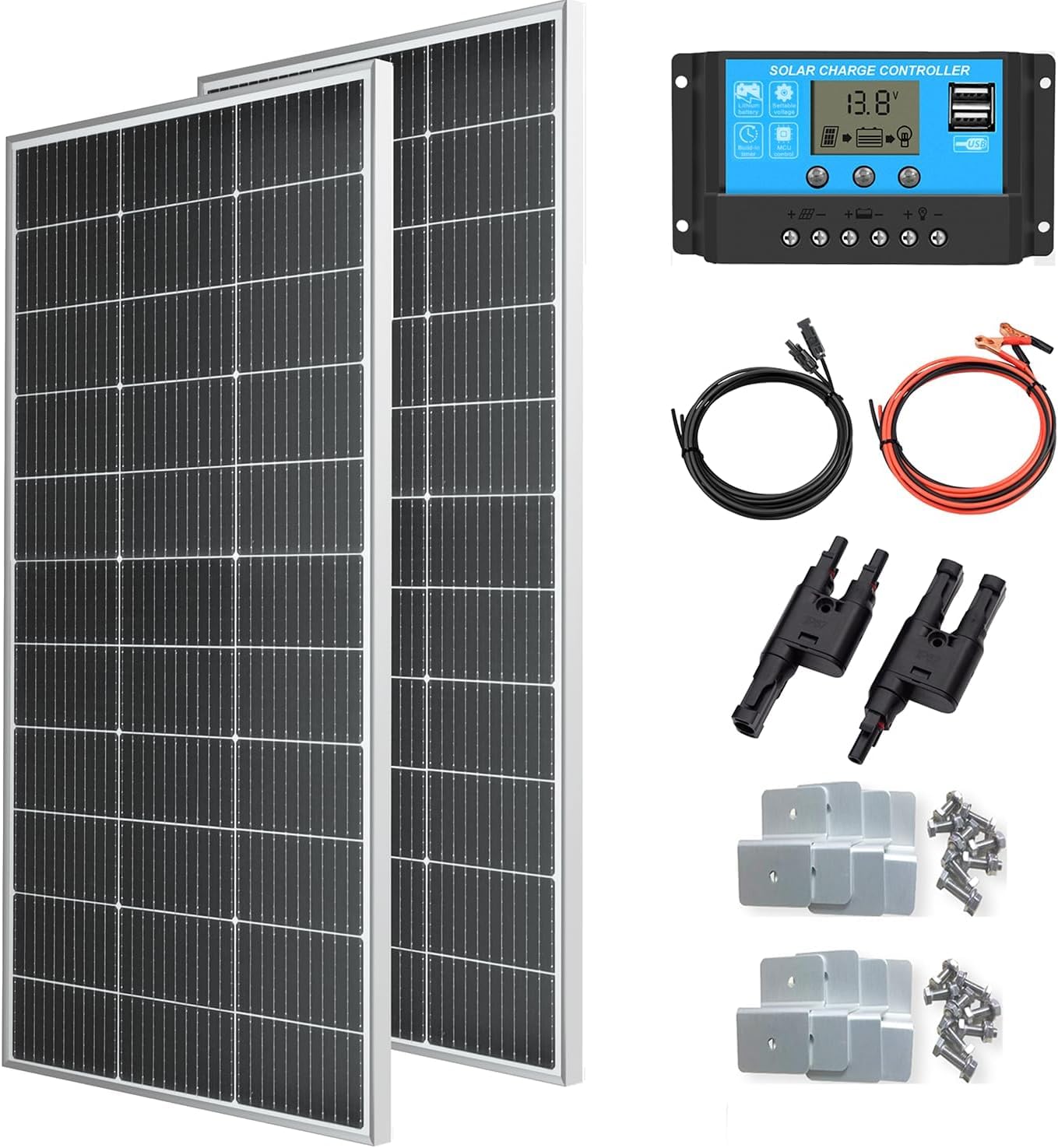 Kit di Pannelli Solari off-Grid da 300 W - 2 Moduli Monocristallini da 150 W con Regolatore di Carica da 30 A per Camper, Barche, Roulotte E Sistemi A Batteria da 12 V