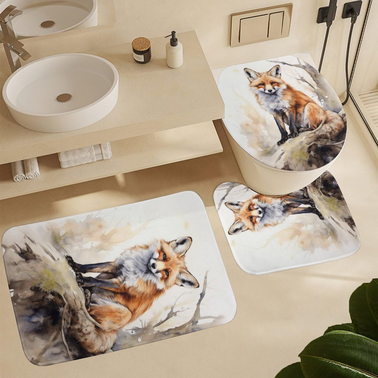 Duschvorhang-Set, Motiv: Aquarell, Fuchs, abstrakte Natur, Tier, Badezimmer-Dekoration, 4-teiliges Badezimmer-Zubehör-Set mit Teppichen, Vorhang und 12 Haken