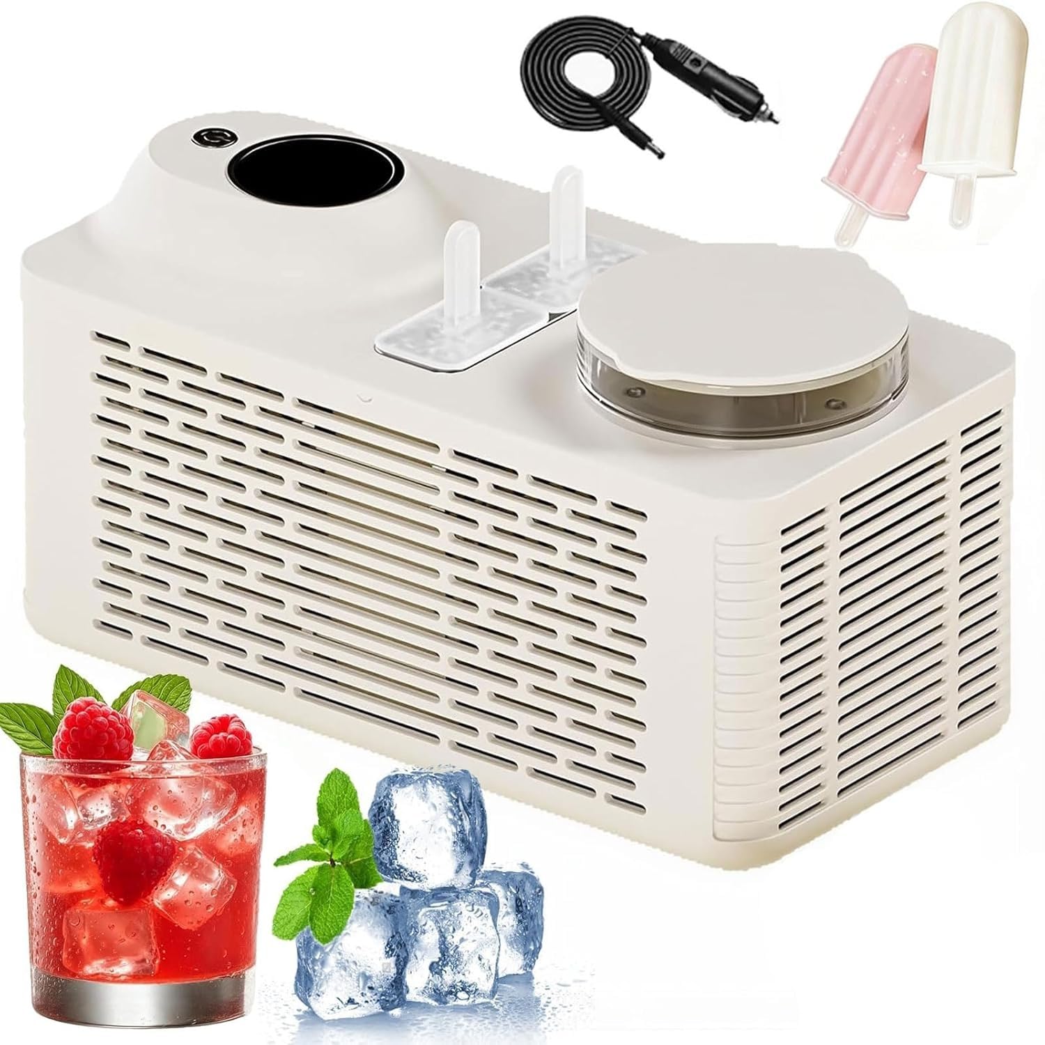 Mini-Eis Am Stiel-Maker, Tragbarer Eis Am Stiel-Maker For Die Arbeitsplatte, Macht 2 Eis Am Stiel In 25 Minuten, Wird Mit 4 Stäbchen Geliefert, Ausgestattet Mit 12-V-Auto-Netzkabe(White)