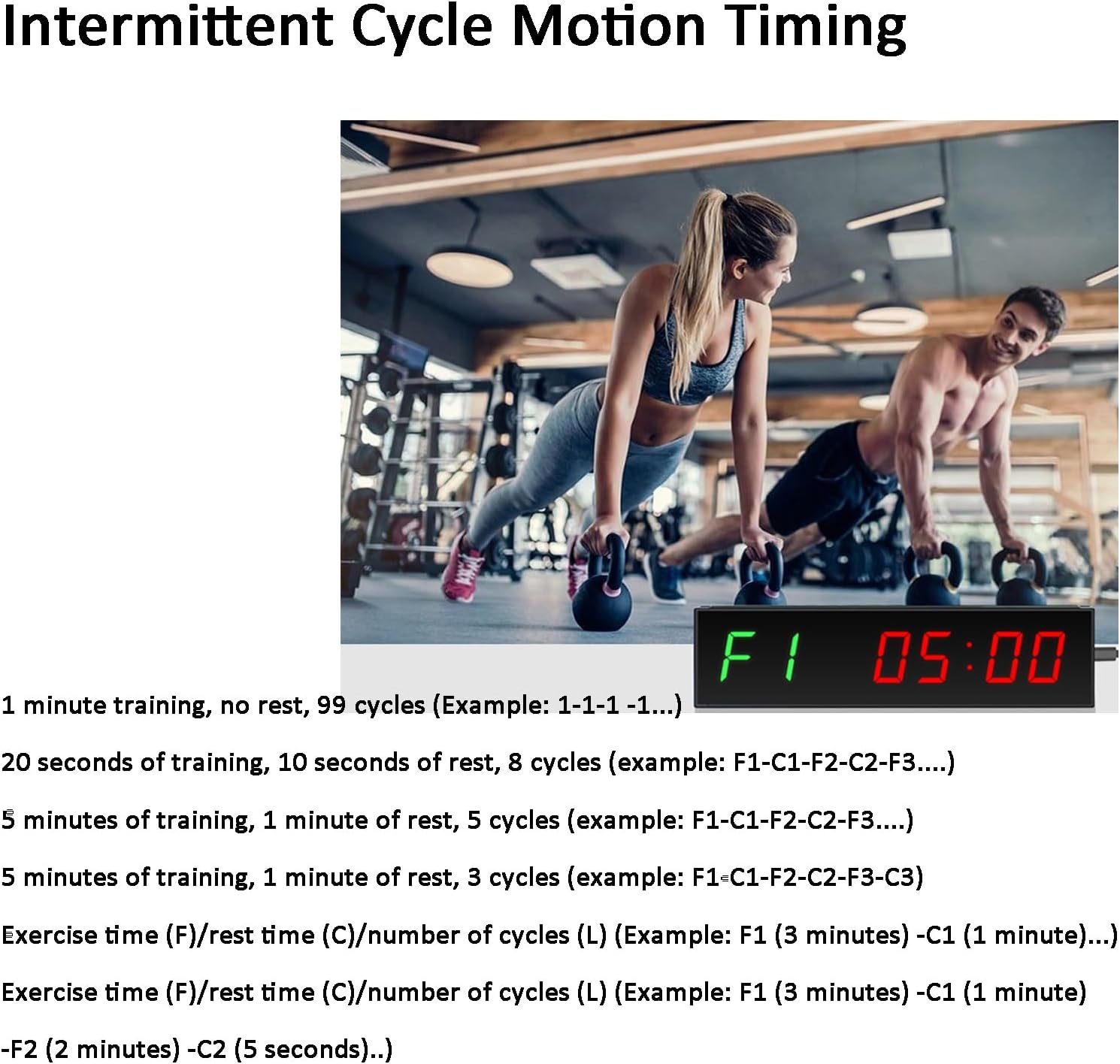 Gym timer displaying F1 05:00 during an intermittent cycle motion timing workout