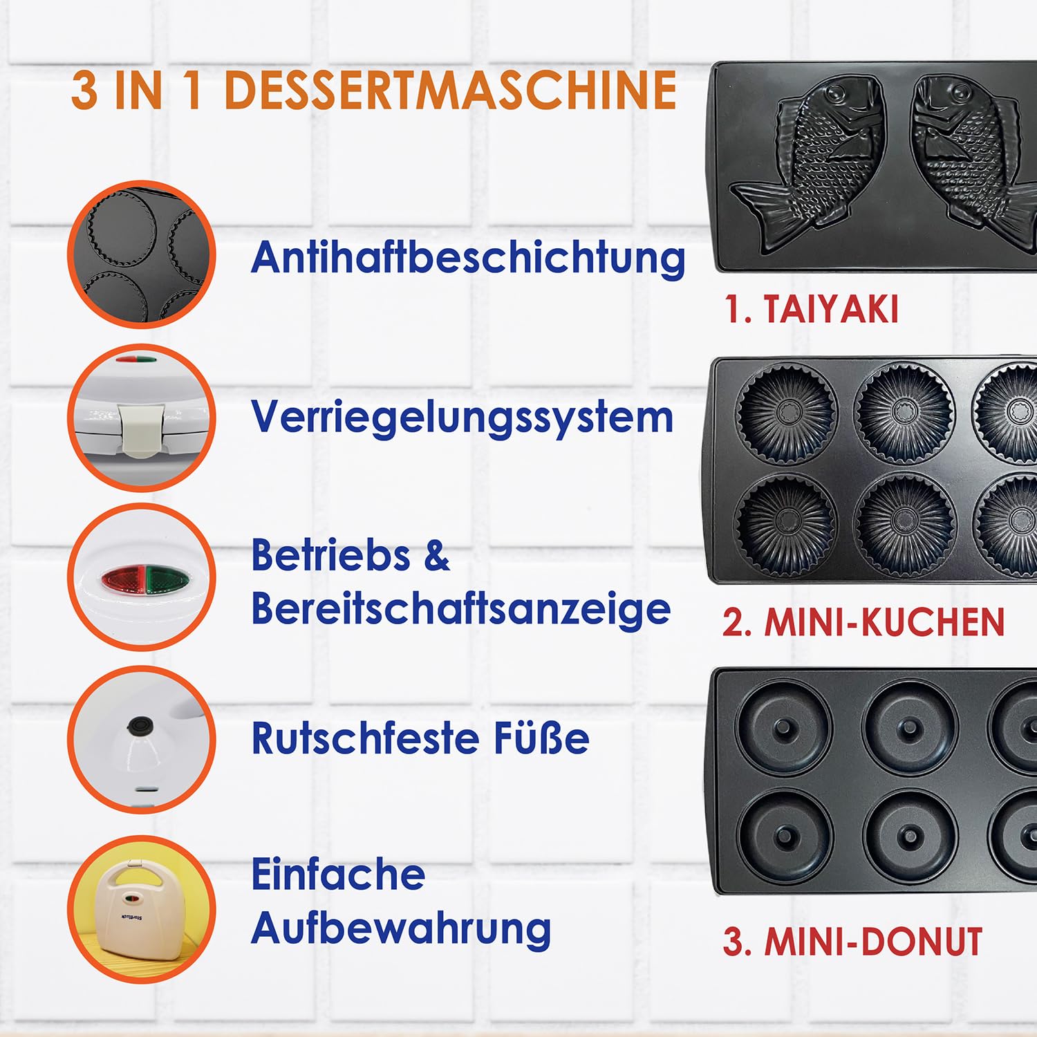 Donuts Bäcker, Mini-Kuchen und Quiche , Taiyaki 3 in 1 Drei Scheiben herausnehmbarer Dessert von StarBlue - Weiß AC 220-240V 50/60Hz 700-800W, UK Stecker mit EU Adapter