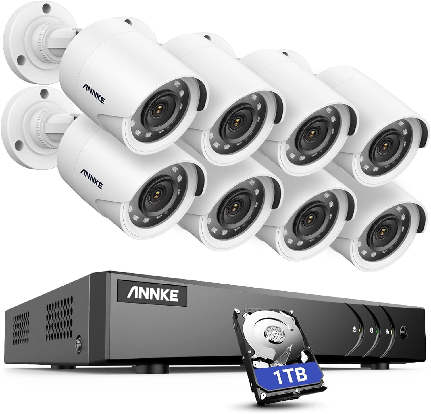 SANNCE Sistema di sicurezza con DVR e 8 telecamere di sorveglianza (standard ONVIF, H.264, CCTV, DVR, P2P, 8 canali AHD, 8 telecamere da 1080p, 2.0 MP, standard di impermeabilità IP66, 36 LED IR)